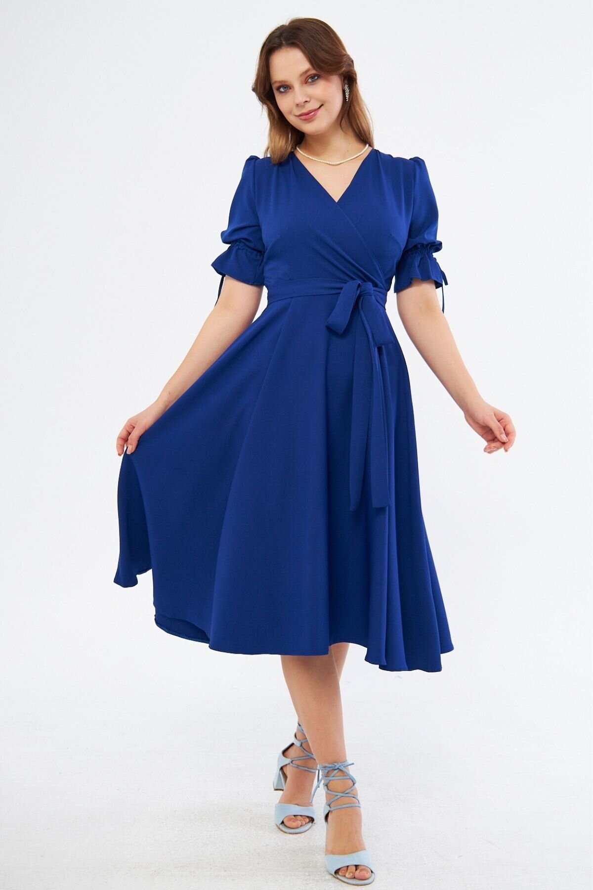Midi Short Sleeve Ruched Wrap Neck Belted Dress - Sax Blue - Bidoluelbise