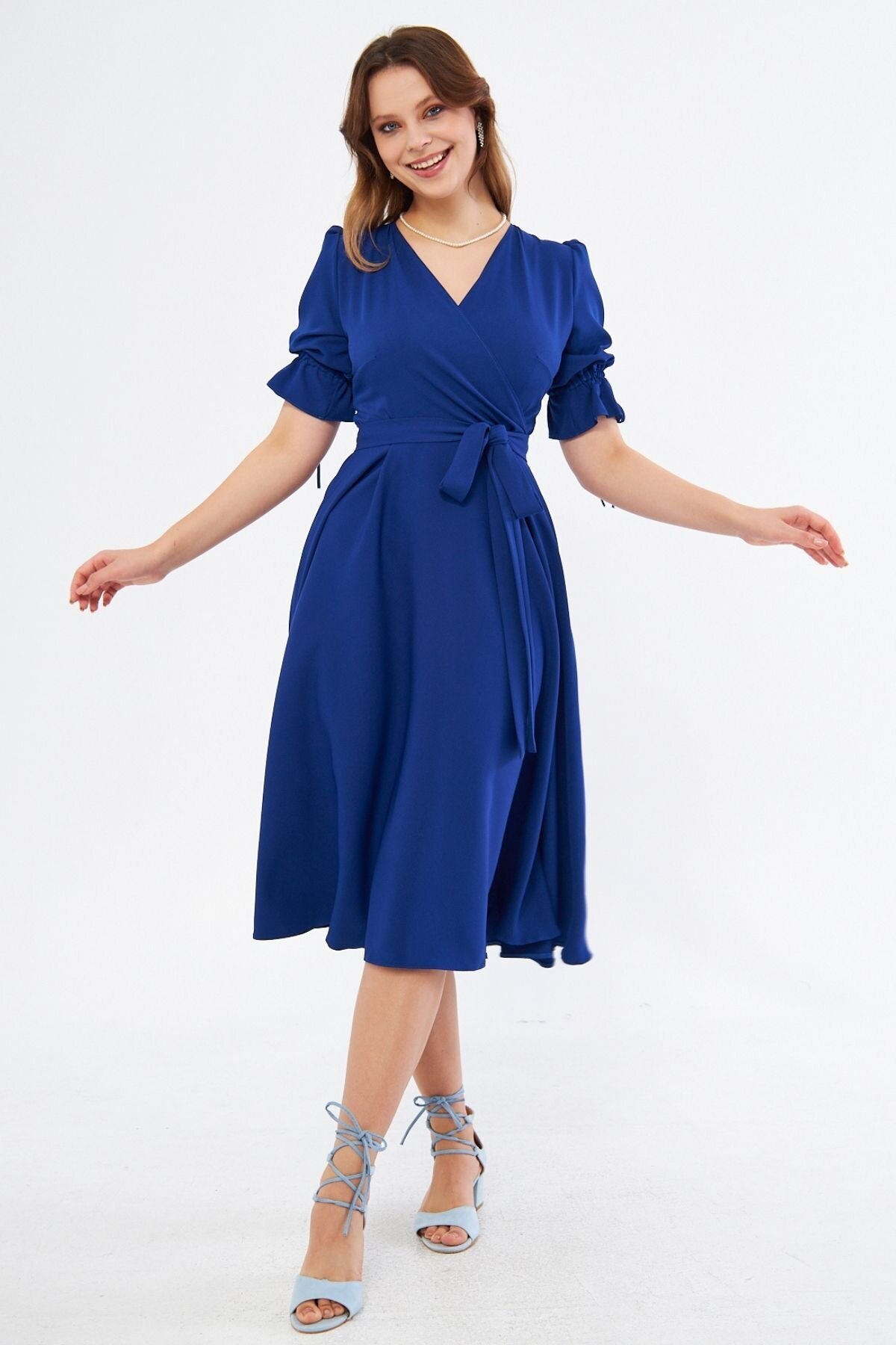 Midi Short Sleeve Ruched Wrap Neck Belted Dress - Sax Blue - Bidoluelbise