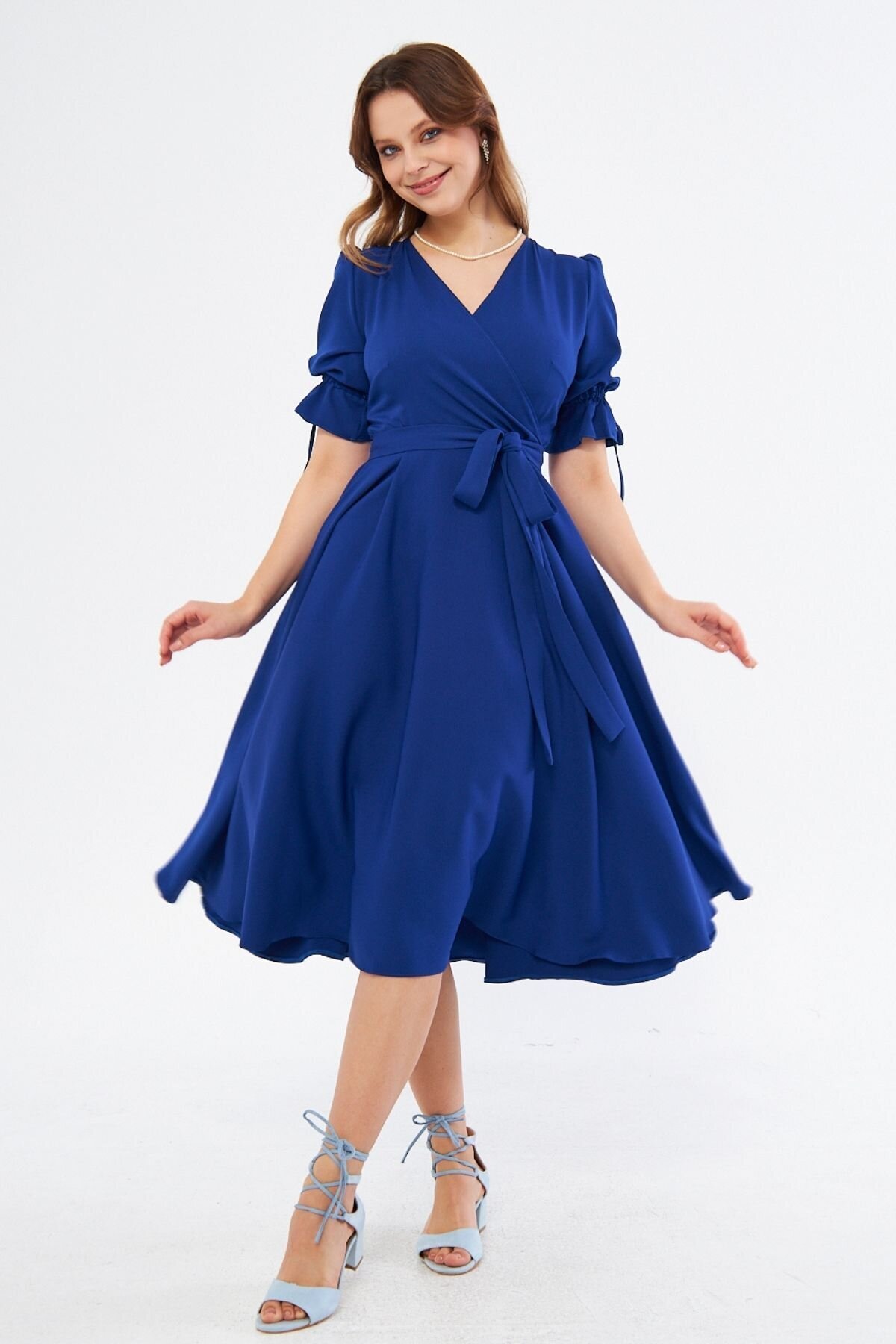 Midi Short Sleeve Ruched Wrap Neck Belted Dress - Sax Blue - Bidoluelbise