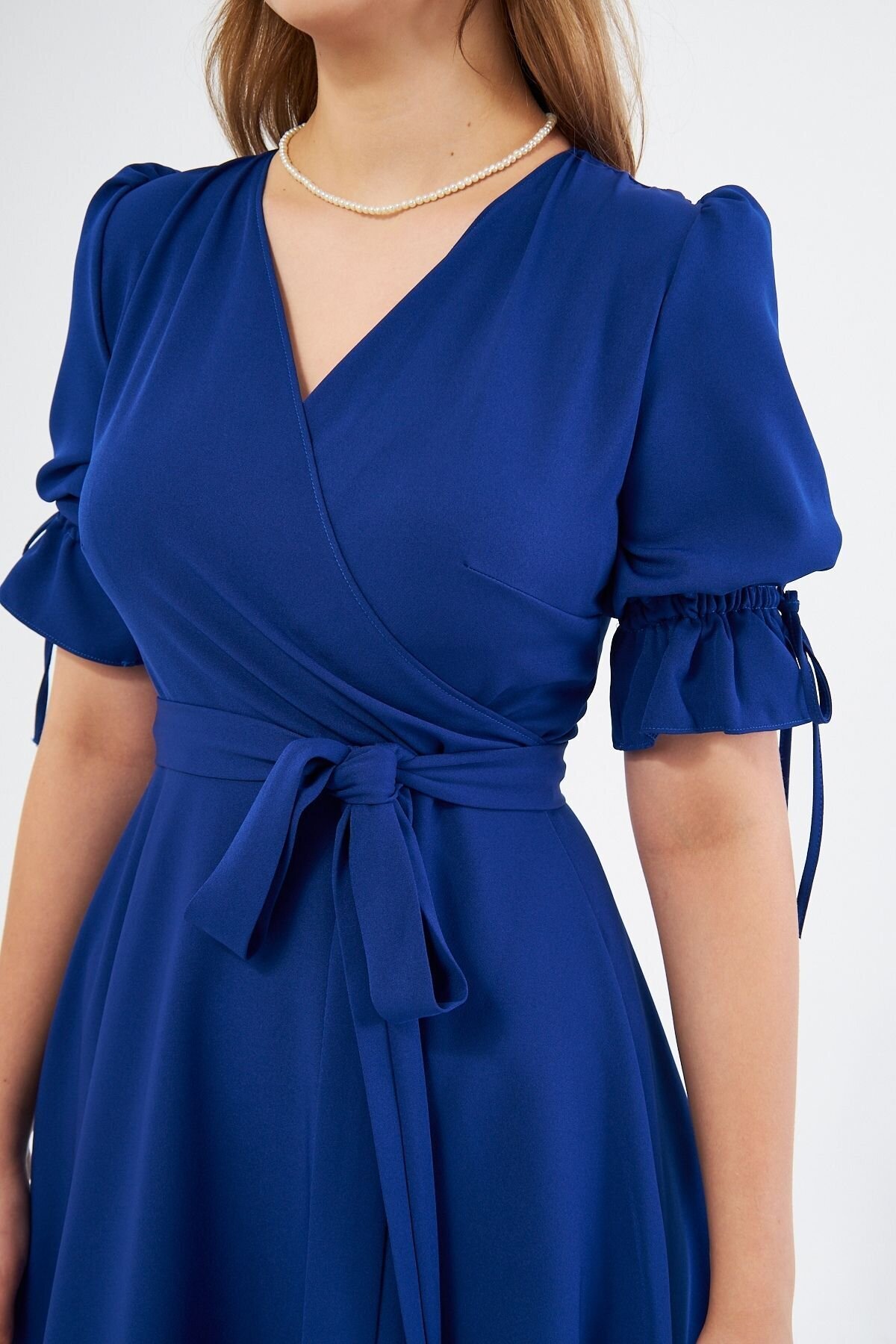 Midi Short Sleeve Ruched Wrap Neck Belted Dress - Sax Blue - Bidoluelbise