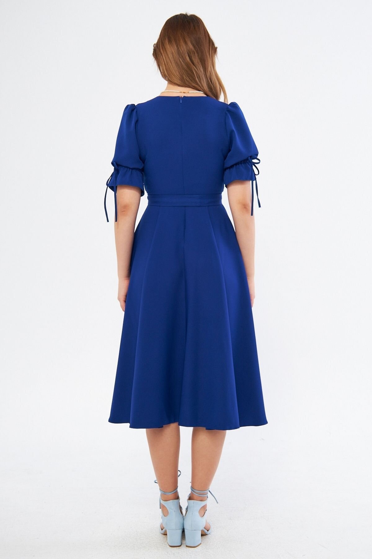 Midi Short Sleeve Ruched Wrap Neck Belted Dress - Sax Blue - Bidoluelbise