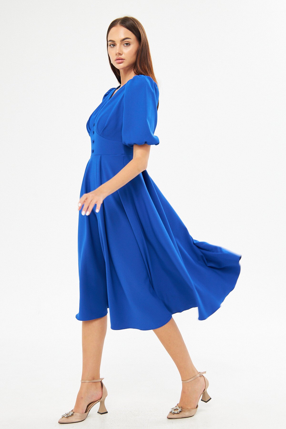 Midi Balloon-Sleeve V-Neck Corset-Belt Detail Evening Dress - Sax Blue - Bidoluelbise