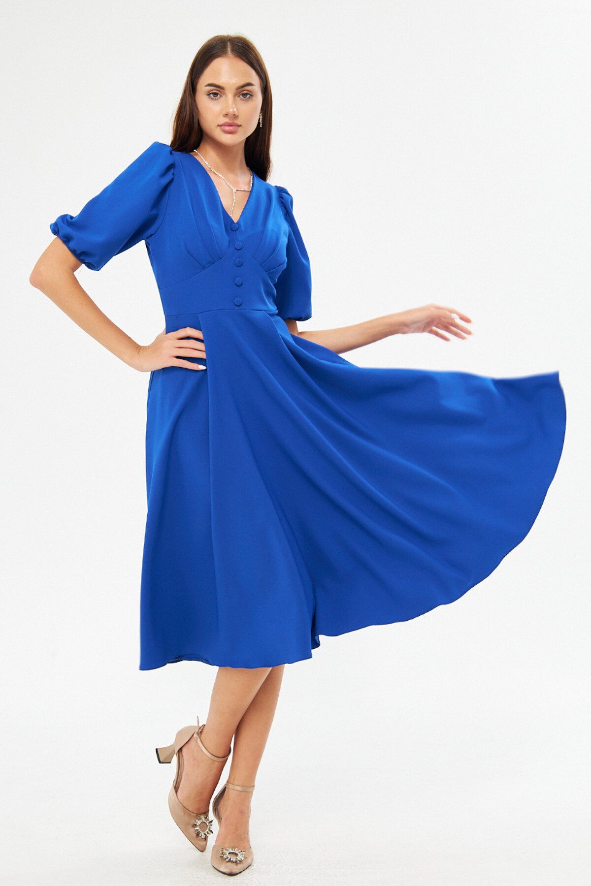 Midi Balloon-Sleeve V-Neck Corset-Belt Detail Evening Dress - Sax Blue - Bidoluelbise