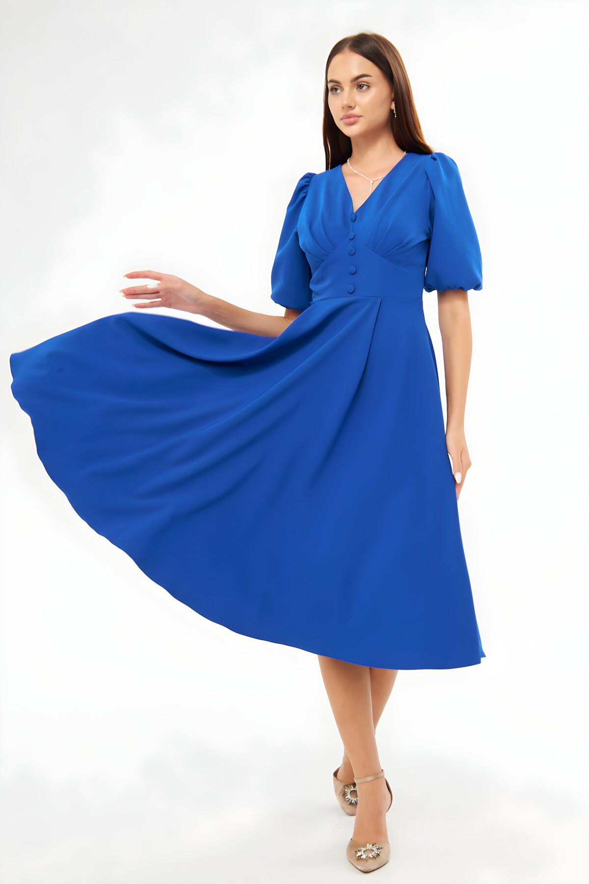 فستان سهرة ميدي أزرق ملكي بأكمام بالون وتفاصيل حزام كورسيه - Bidoluelbise