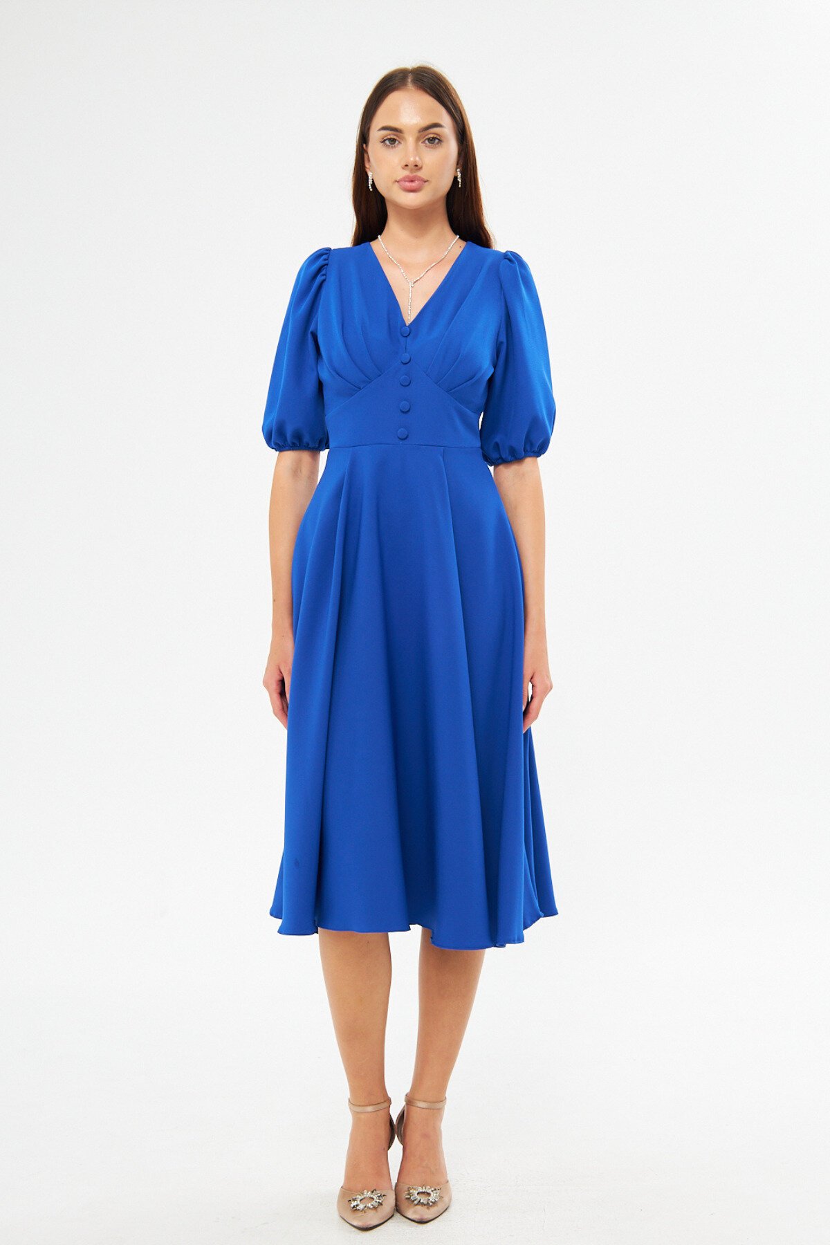 Midi Balloon-Sleeve V-Neck Corset-Belt Detail Evening Dress - Sax Blue - Bidoluelbise
