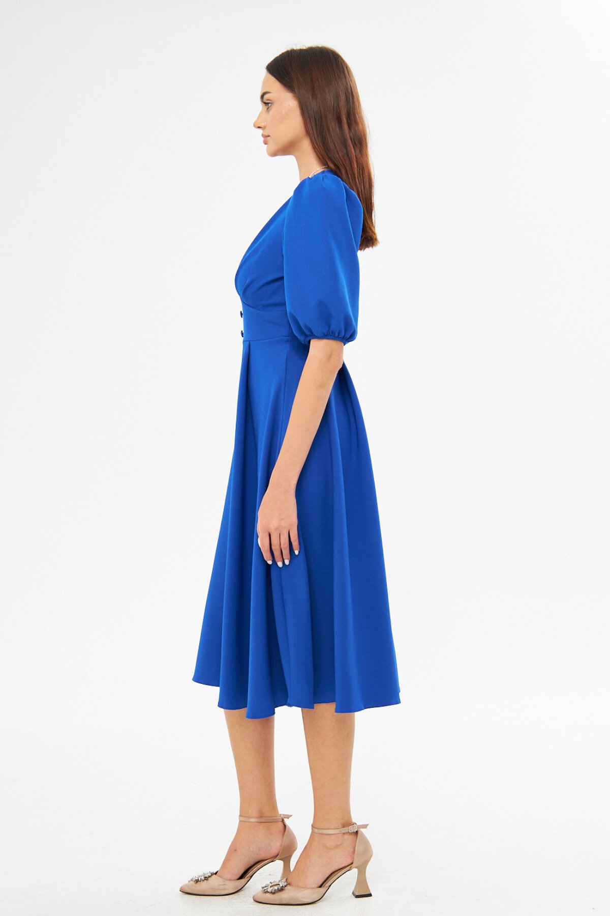 Midi Balloon-Sleeve V-Neck Corset-Belt Detail Evening Dress - Sax Blue - Bidoluelbise
