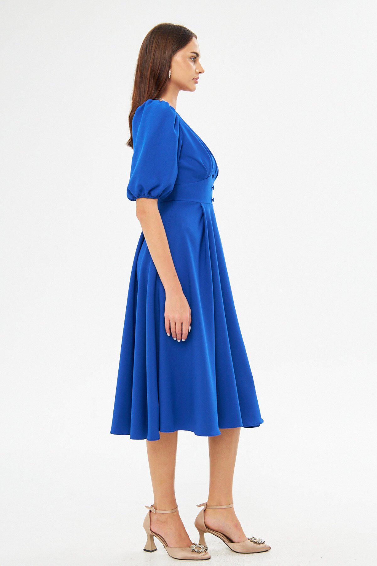 Midi Balloon-Sleeve V-Neck Corset-Belt Detail Evening Dress - Sax Blue - Bidoluelbise