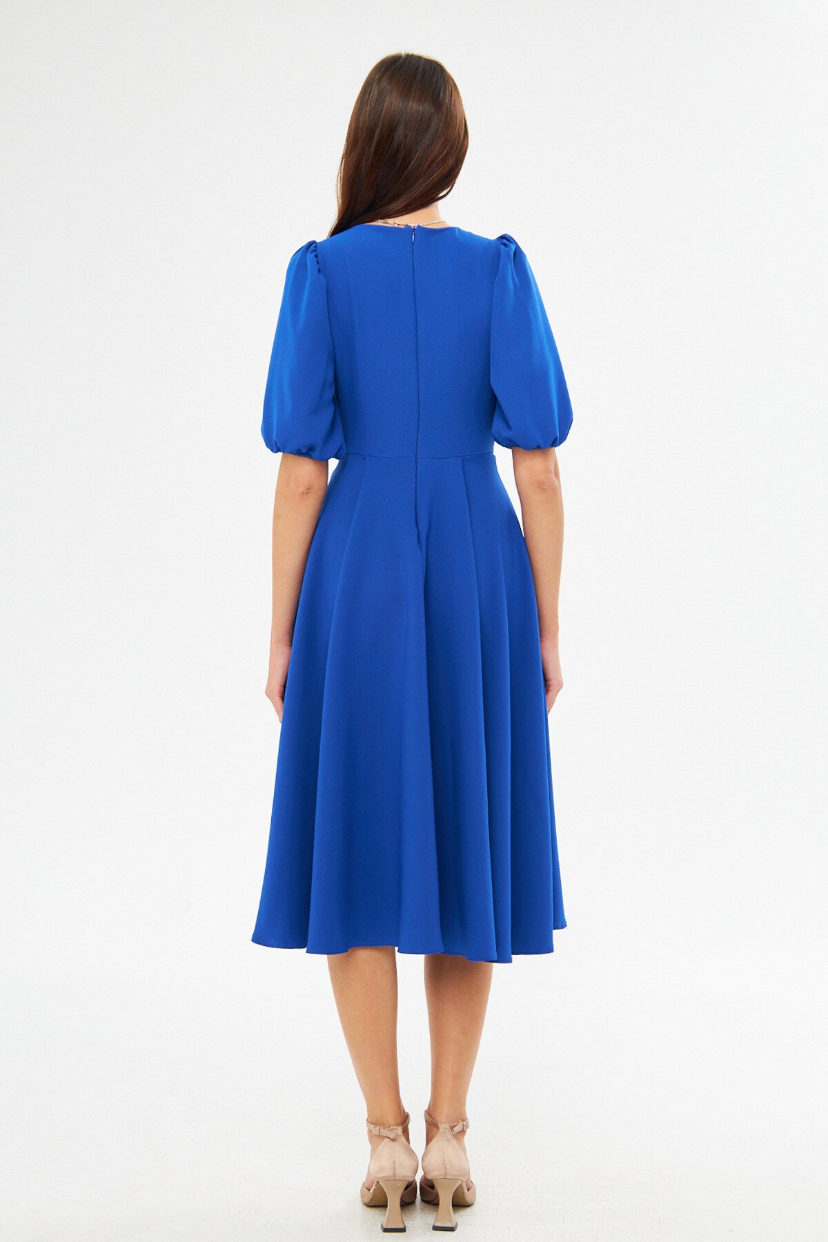Midi Balloon-Sleeve V-Neck Corset-Belt Detail Evening Dress - Sax Blue - Bidoluelbise