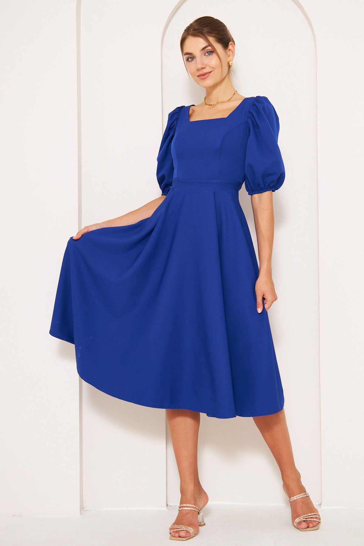 Midi Elasticated Square Neck Balloon Sleeve Dress - Sax Blue - Bidoluelbise