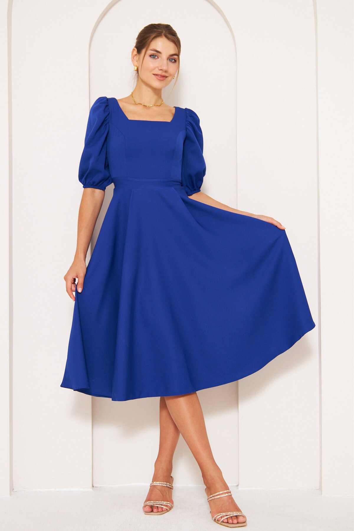 Midi Elasticated Square Neck Balloon Sleeve Dress - Sax Blue - Bidoluelbise