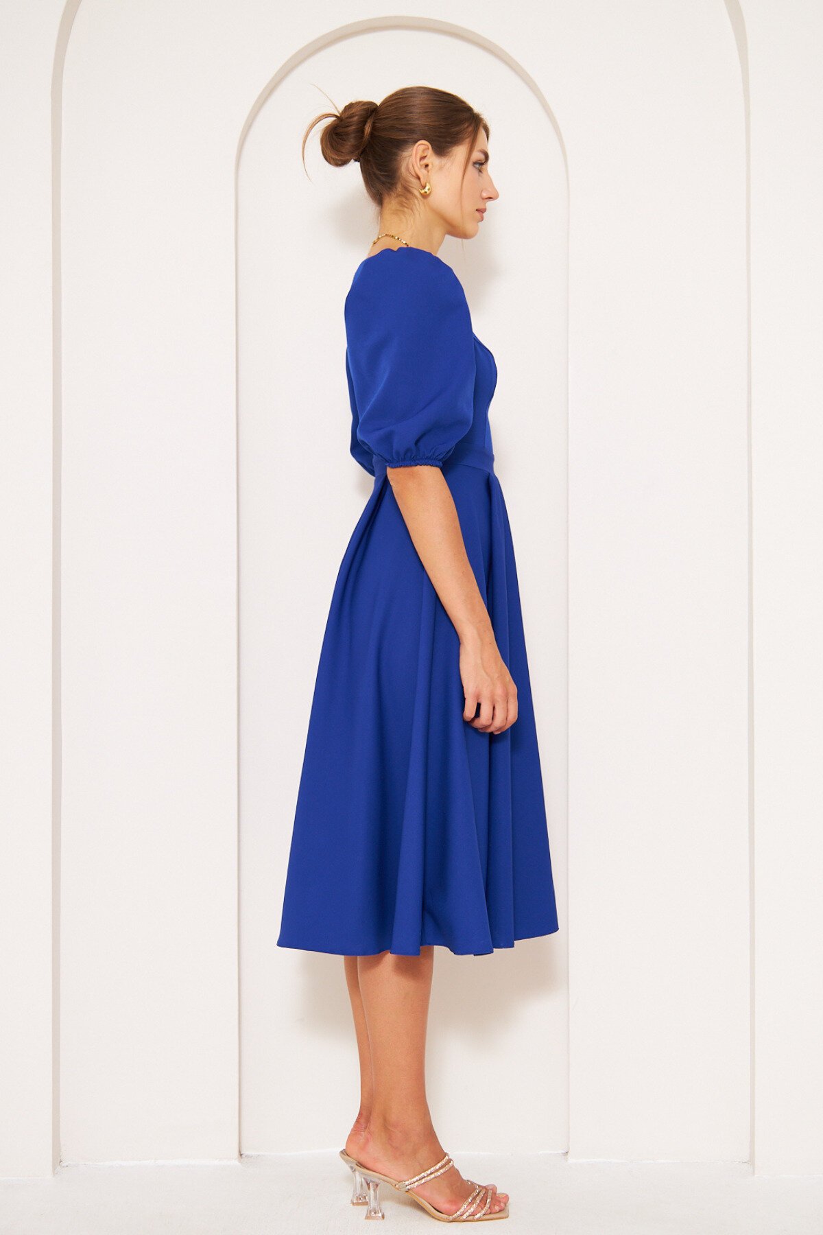 Midi Elasticated Square Neck Balloon Sleeve Dress - Sax Blue - Bidoluelbise