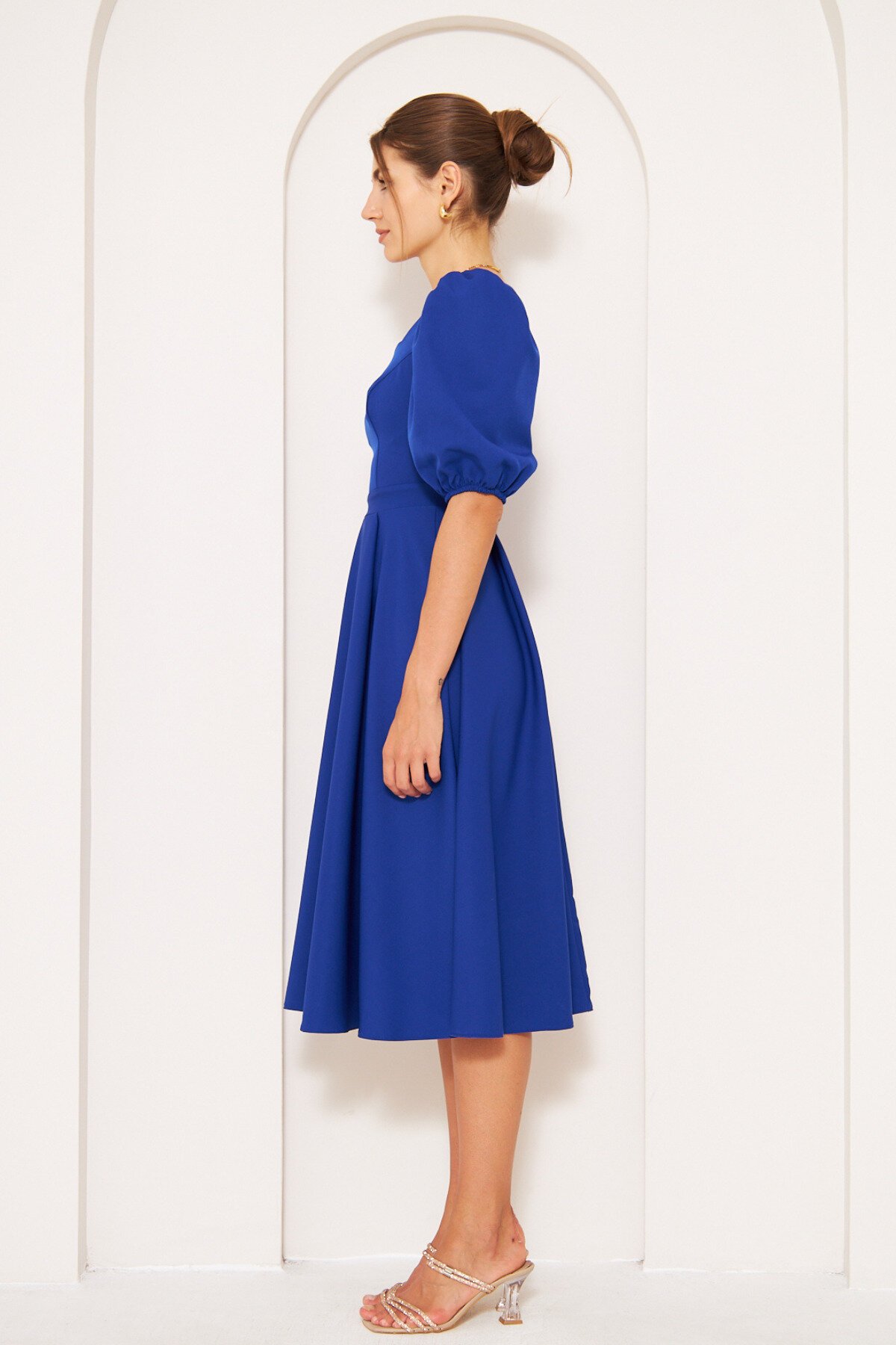 Midi Elasticated Square Neck Balloon Sleeve Dress - Sax Blue - Bidoluelbise