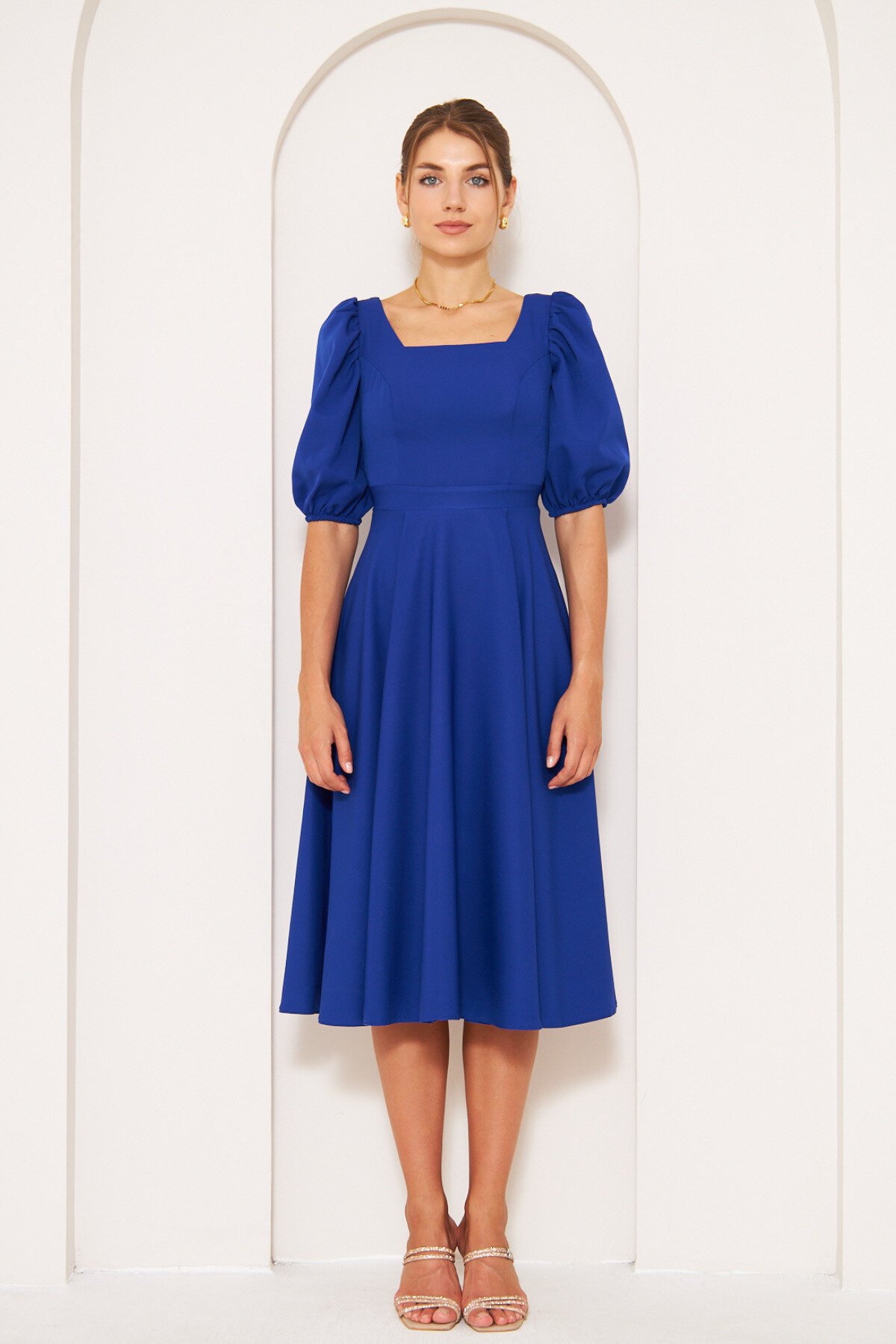 Midi Elasticated Square Neck Balloon Sleeve Dress - Sax Blue - Bidoluelbise