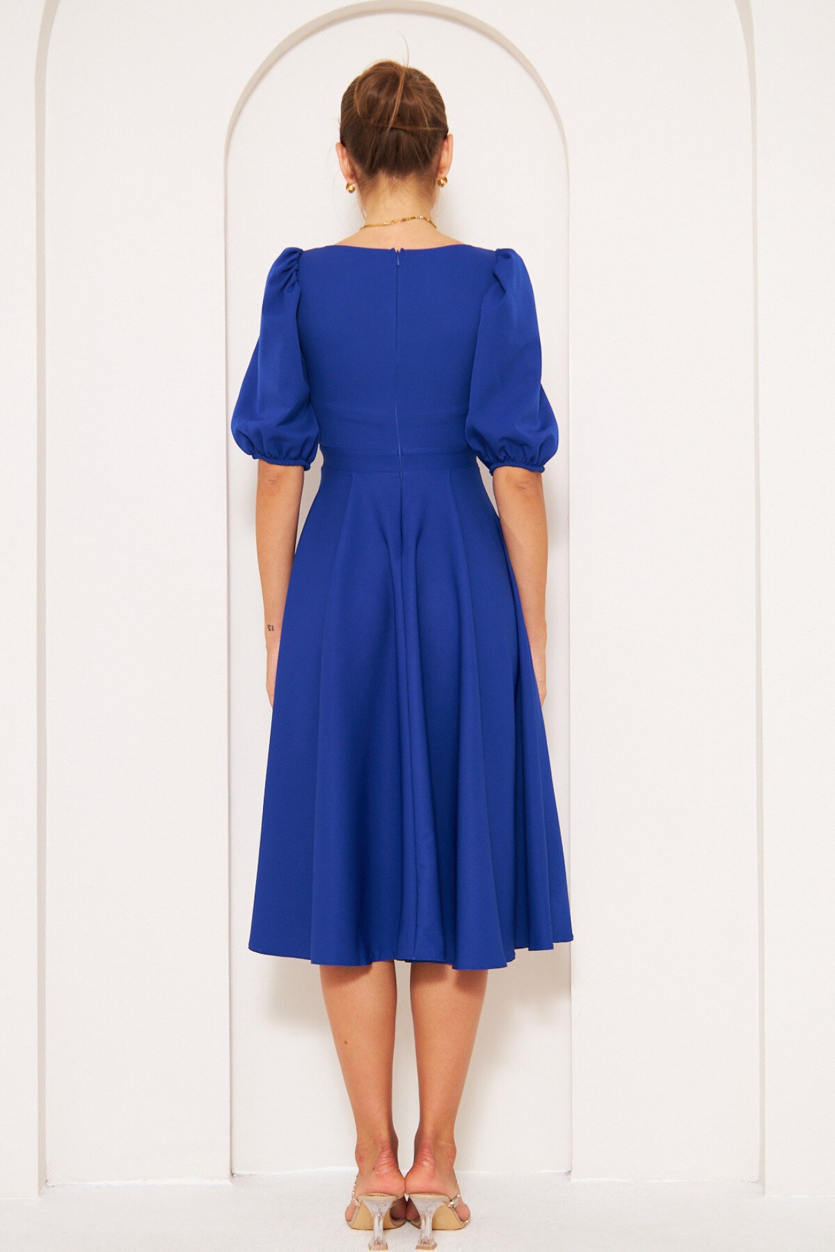 Midi Elasticated Square Neck Balloon Sleeve Dress - Sax Blue - Bidoluelbise