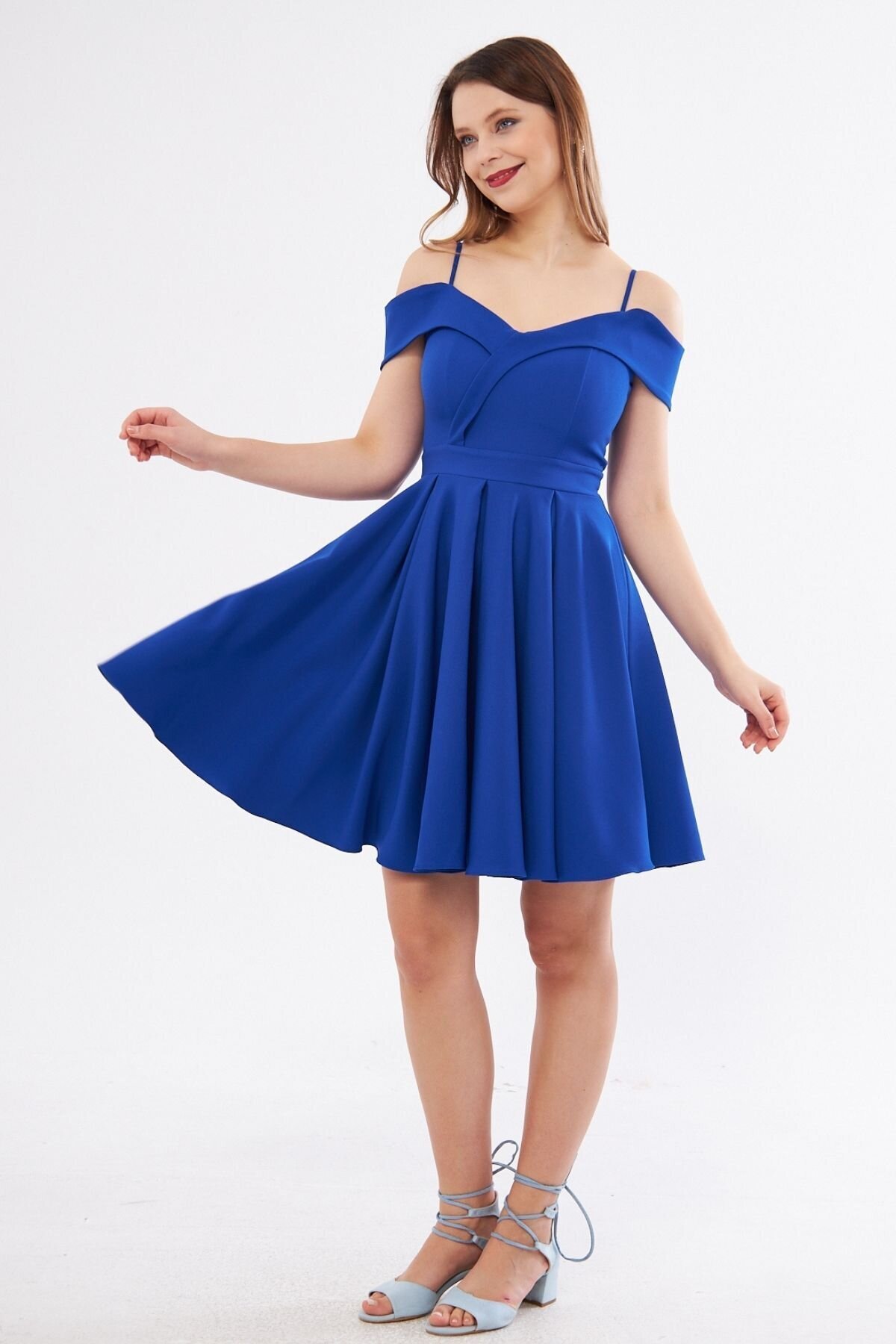 Mini Flared Pleated Strappy Boat-Neck Evening Dress - Sax Blue - Bidoluelbise