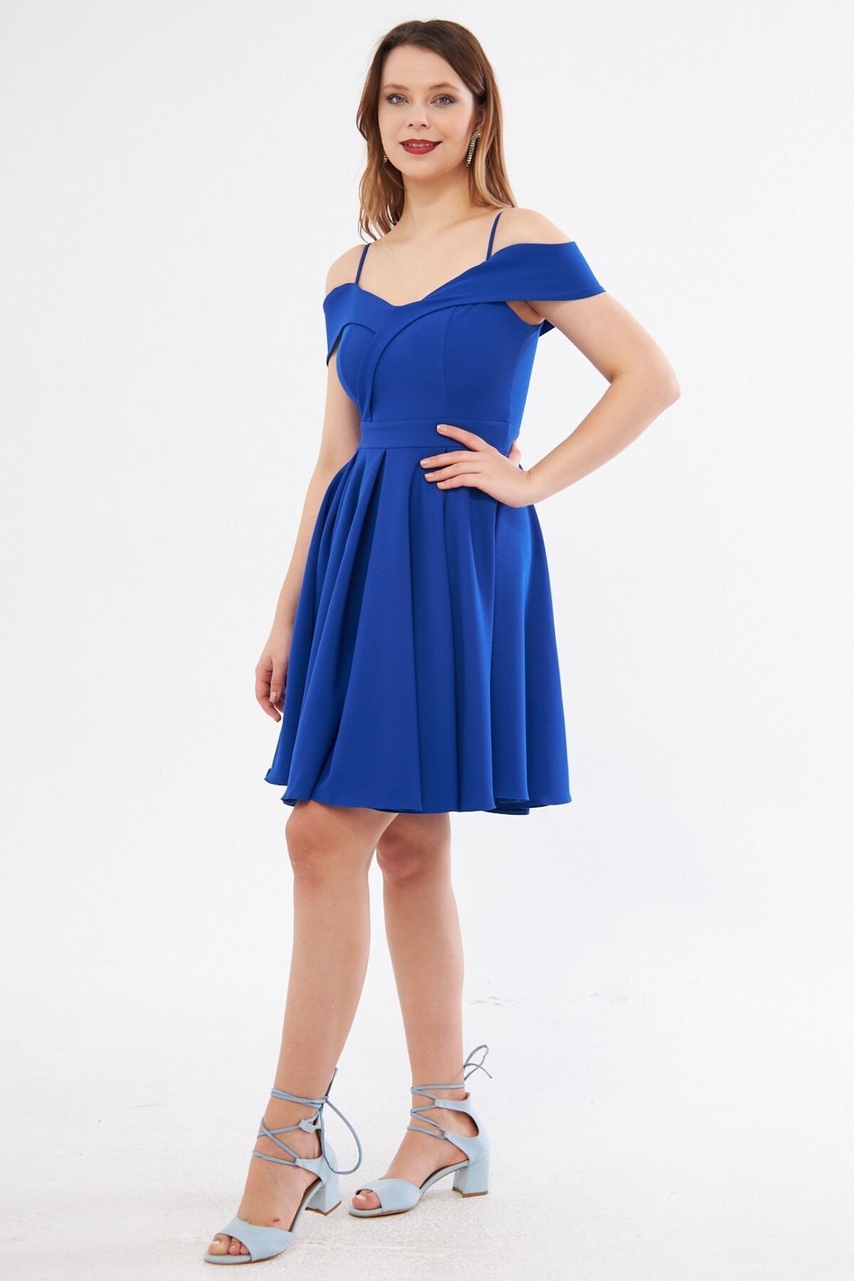 Mini Flared Pleated Strappy Boat-Neck Evening Dress - Sax Blue - Bidoluelbise