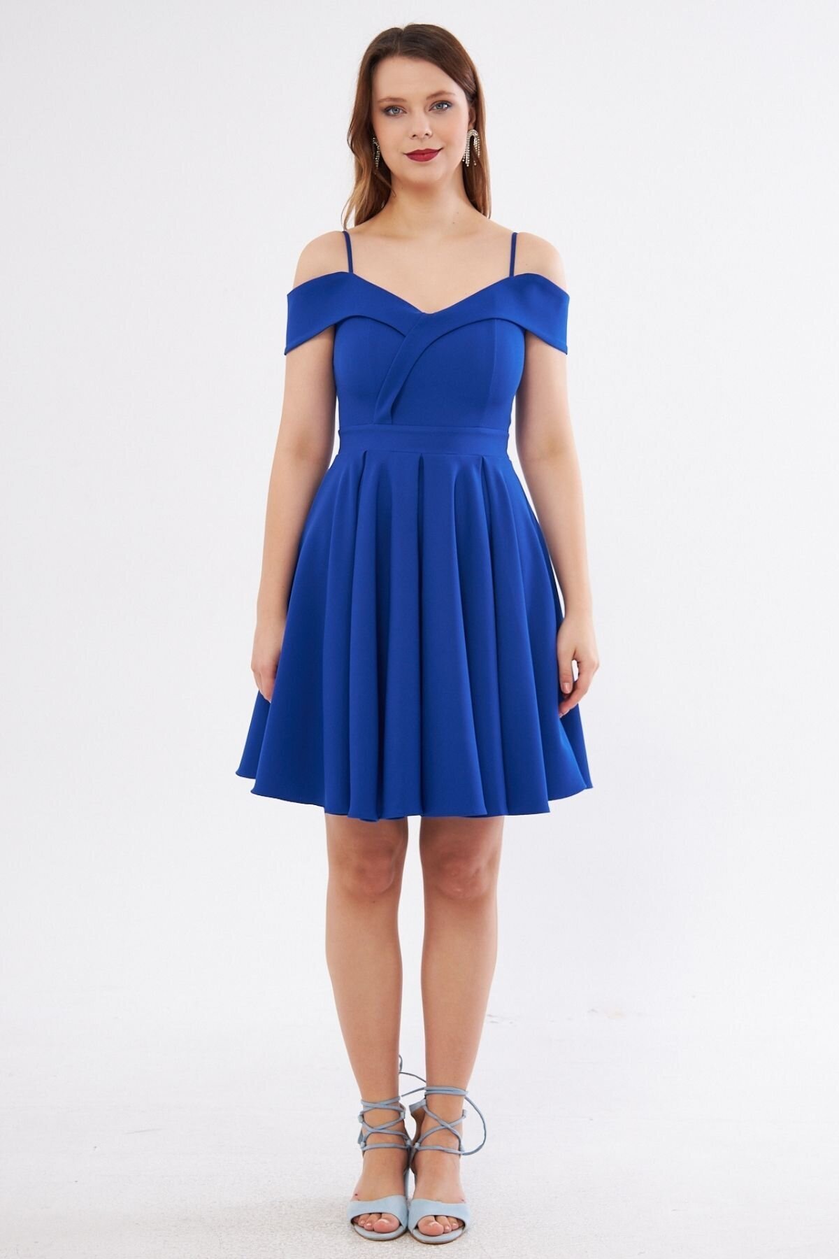 Mini Flared Pleated Strappy Boat-Neck Evening Dress - Sax Blue - Bidoluelbise