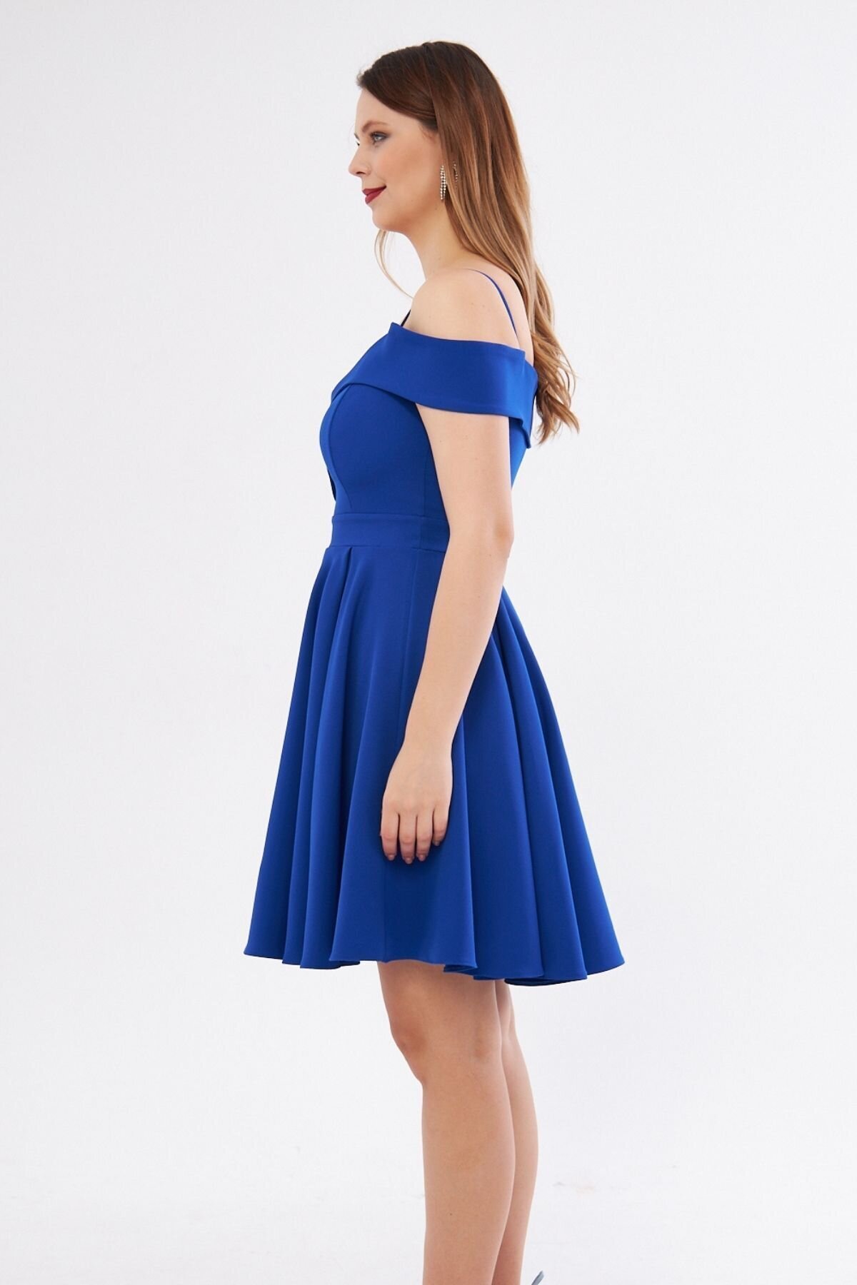 Mini Flared Pleated Strappy Boat-Neck Evening Dress - Sax Blue - Bidoluelbise