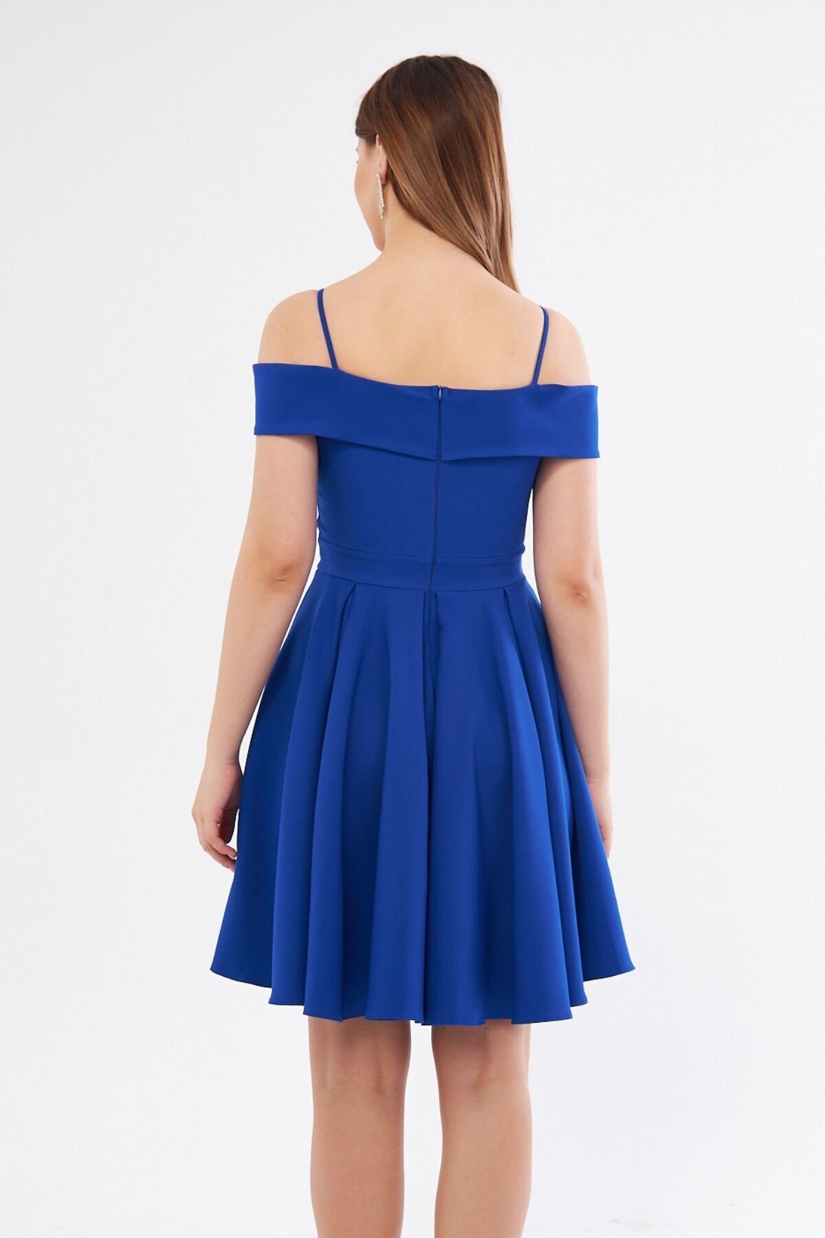 Mini Flared Pleated Strappy Boat-Neck Evening Dress - Sax Blue - Bidoluelbise