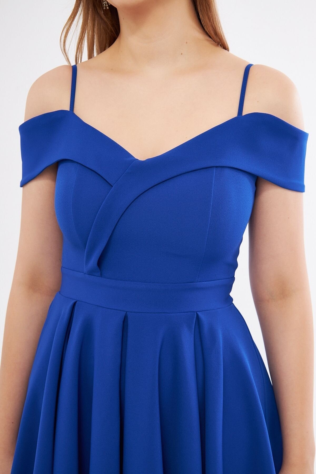 Mini Flared Pleated Strappy Boat-Neck Evening Dress - Sax Blue - Bidoluelbise