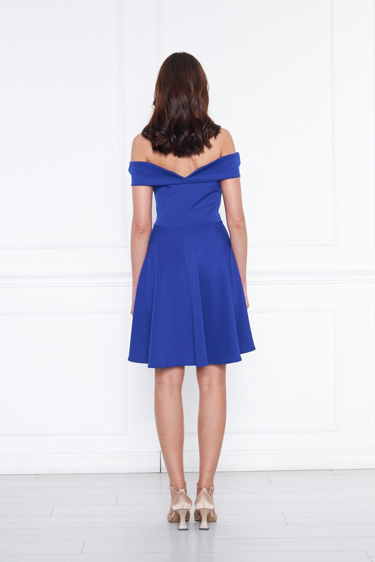 Mini Flared Scuba Sweetheart Off-Shoulder Evening Dress - Sax Blue - Bidoluelbise