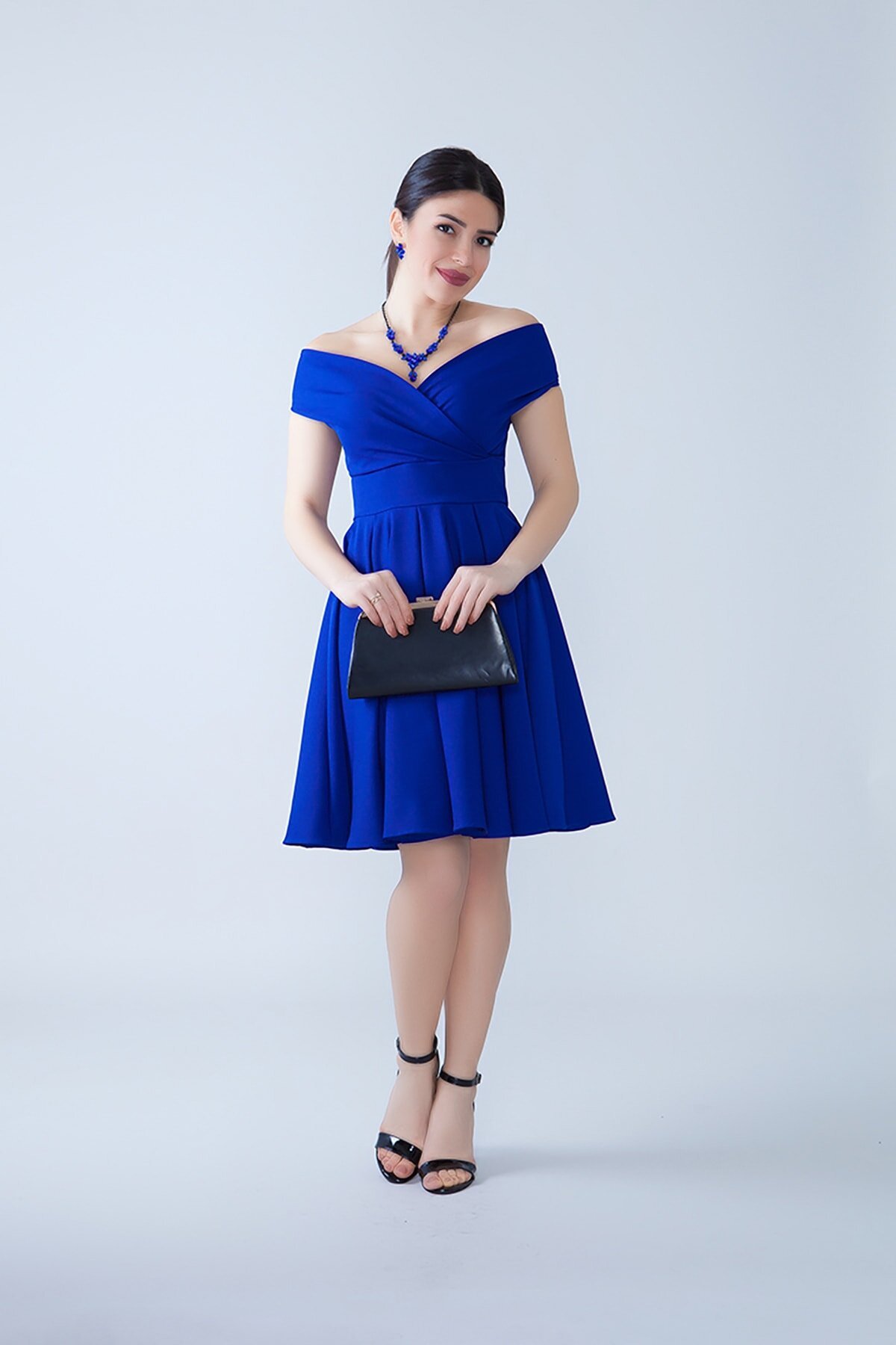 Mini Flared Flowy Pleated Woven Boat-Neck Evening Dress - Sax Blue - Bidoluelbise