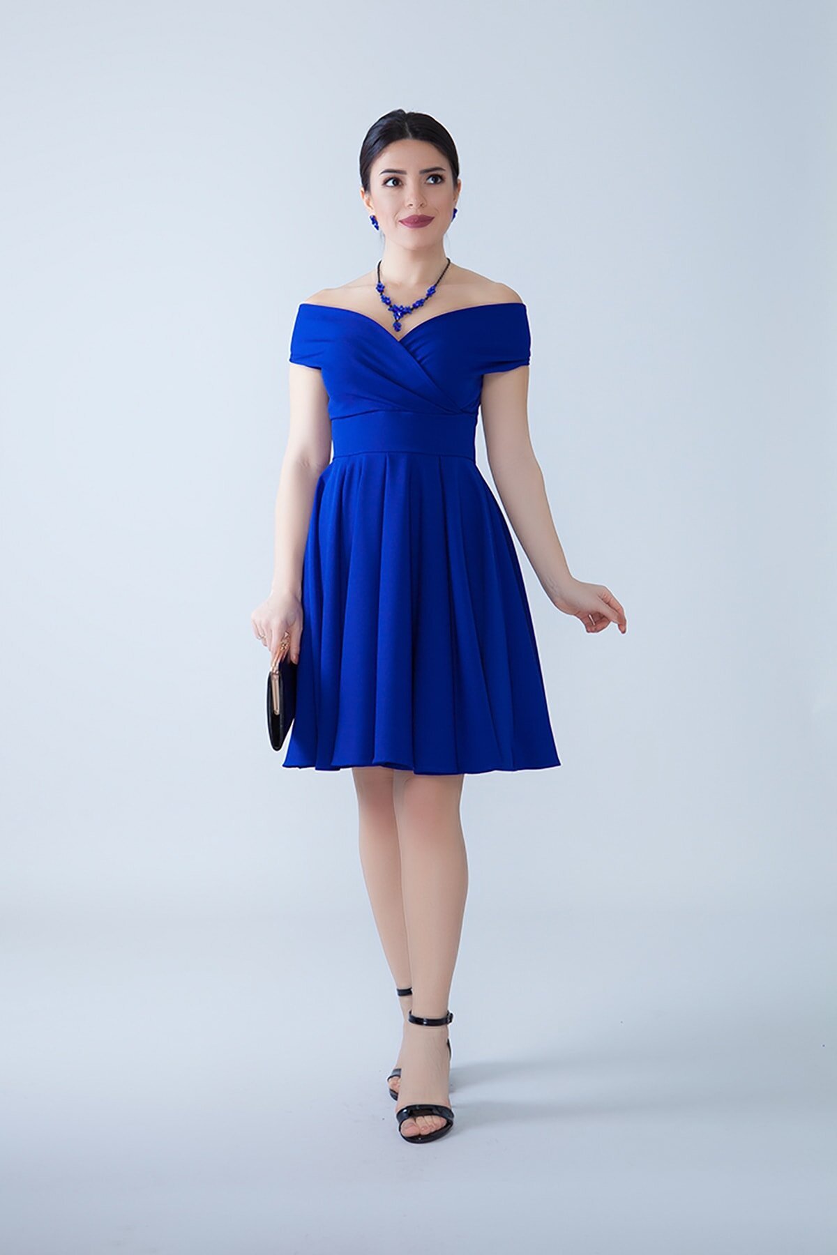 Mini Flared Flowy Pleated Woven Boat-Neck Evening Dress - Sax Blue - Bidoluelbise