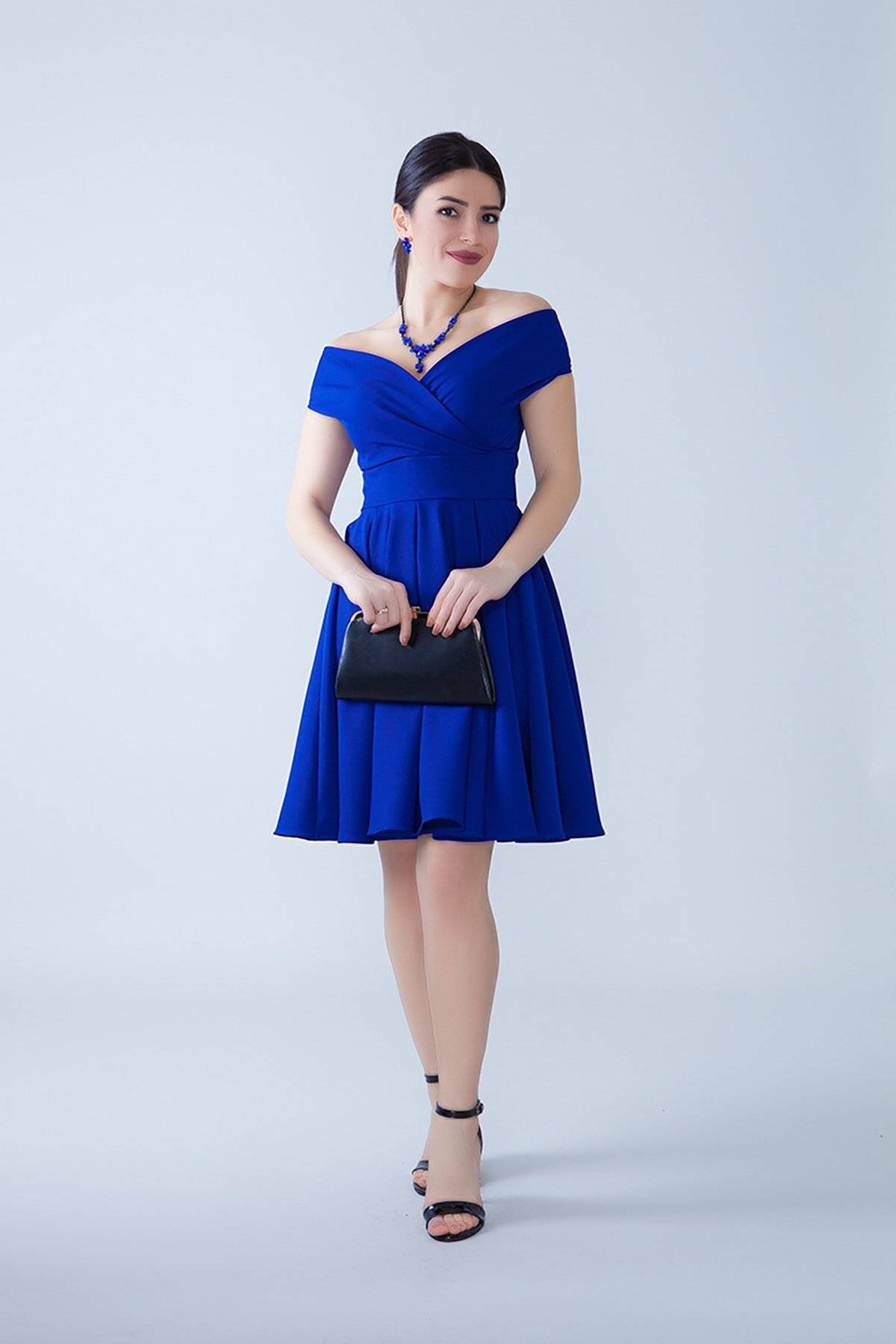 Mini Flared Flowy Pleated Woven Boat-Neck Evening Dress - Sax Blue - Bidoluelbise