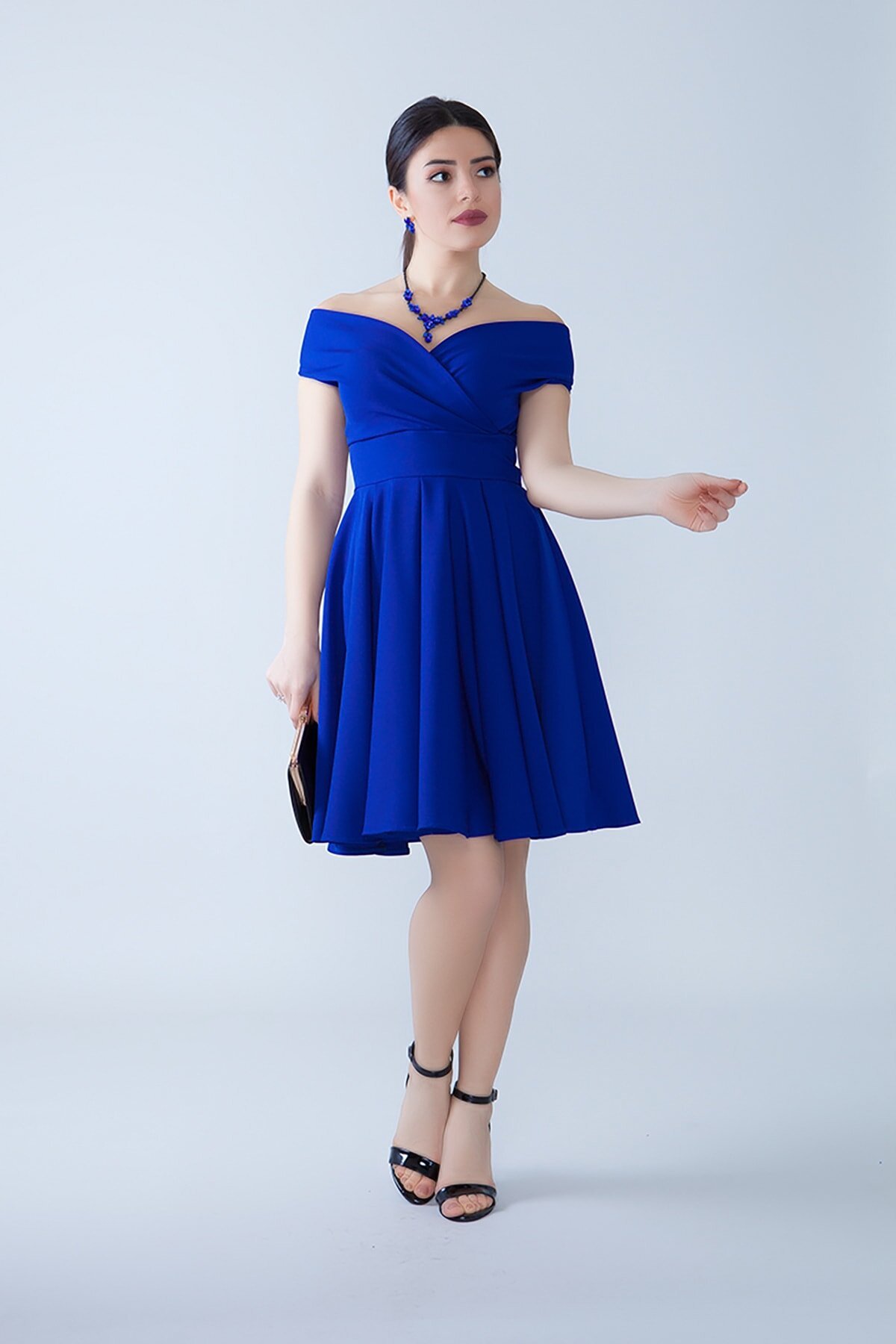 Mini Flared Flowy Pleated Woven Boat-Neck Evening Dress - Sax Blue - Bidoluelbise