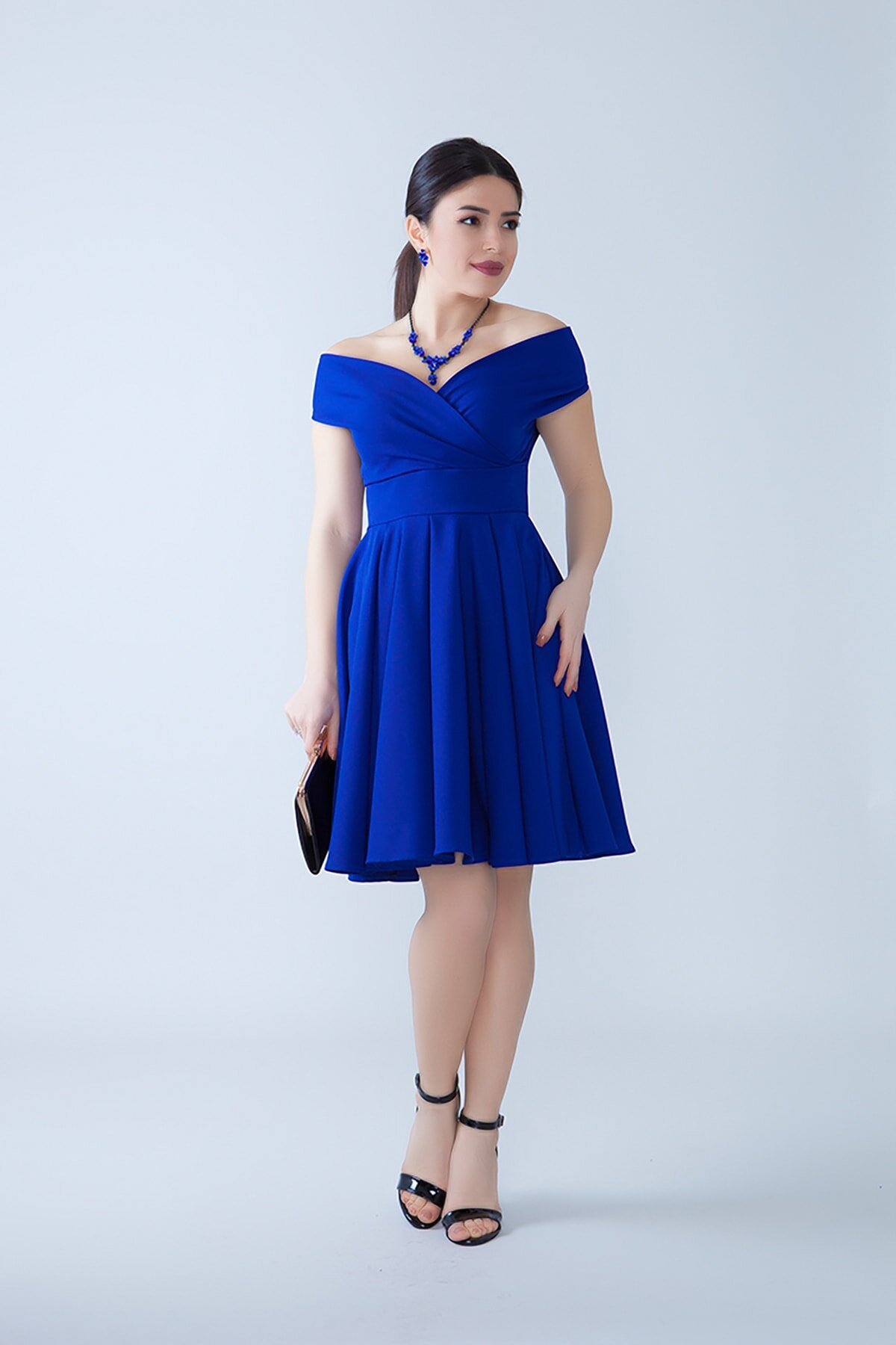 Mini Flared Flowy Pleated Woven Boat-Neck Evening Dress - Sax Blue - Bidoluelbise