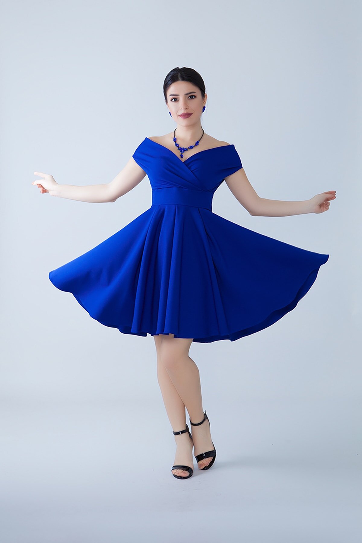 Mini Flared Flowy Pleated Woven Boat-Neck Evening Dress - Sax Blue - Bidoluelbise