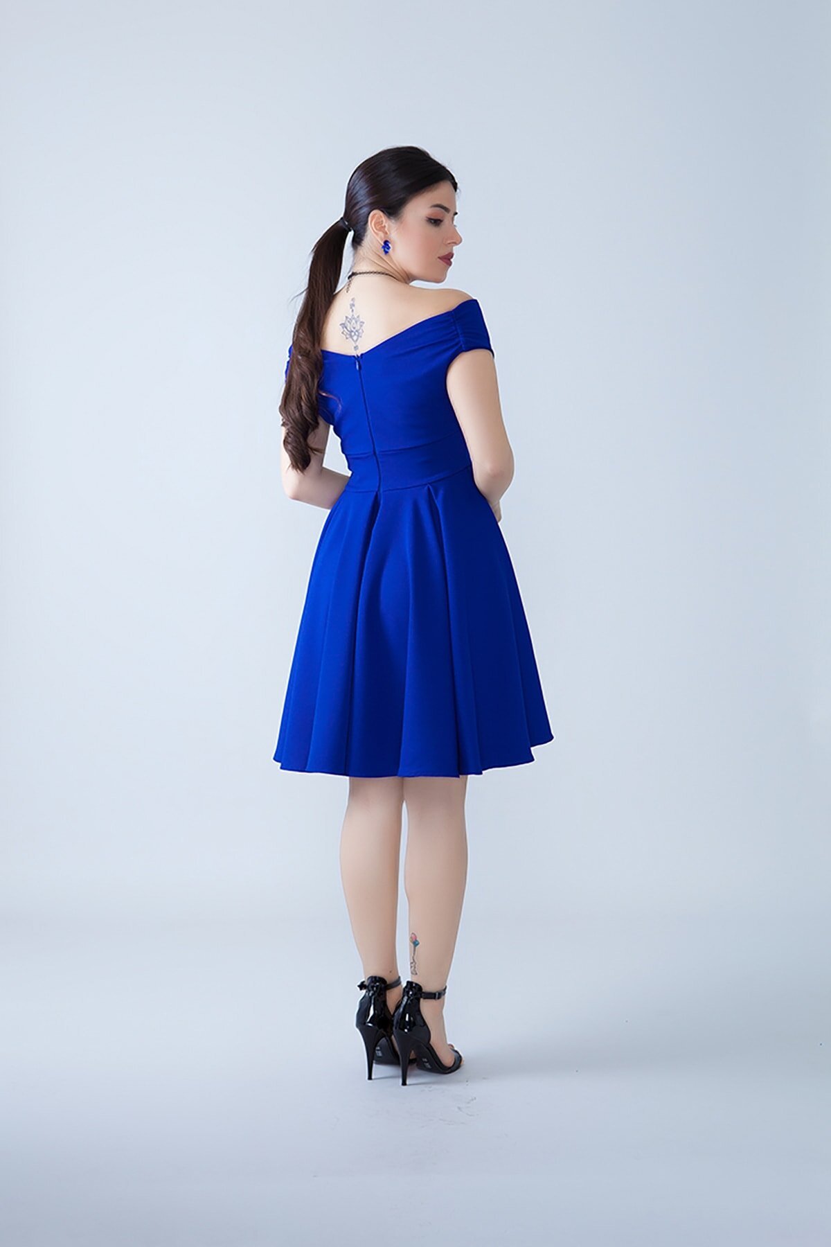 Mini Flared Flowy Pleated Woven Boat-Neck Evening Dress - Sax Blue - Bidoluelbise