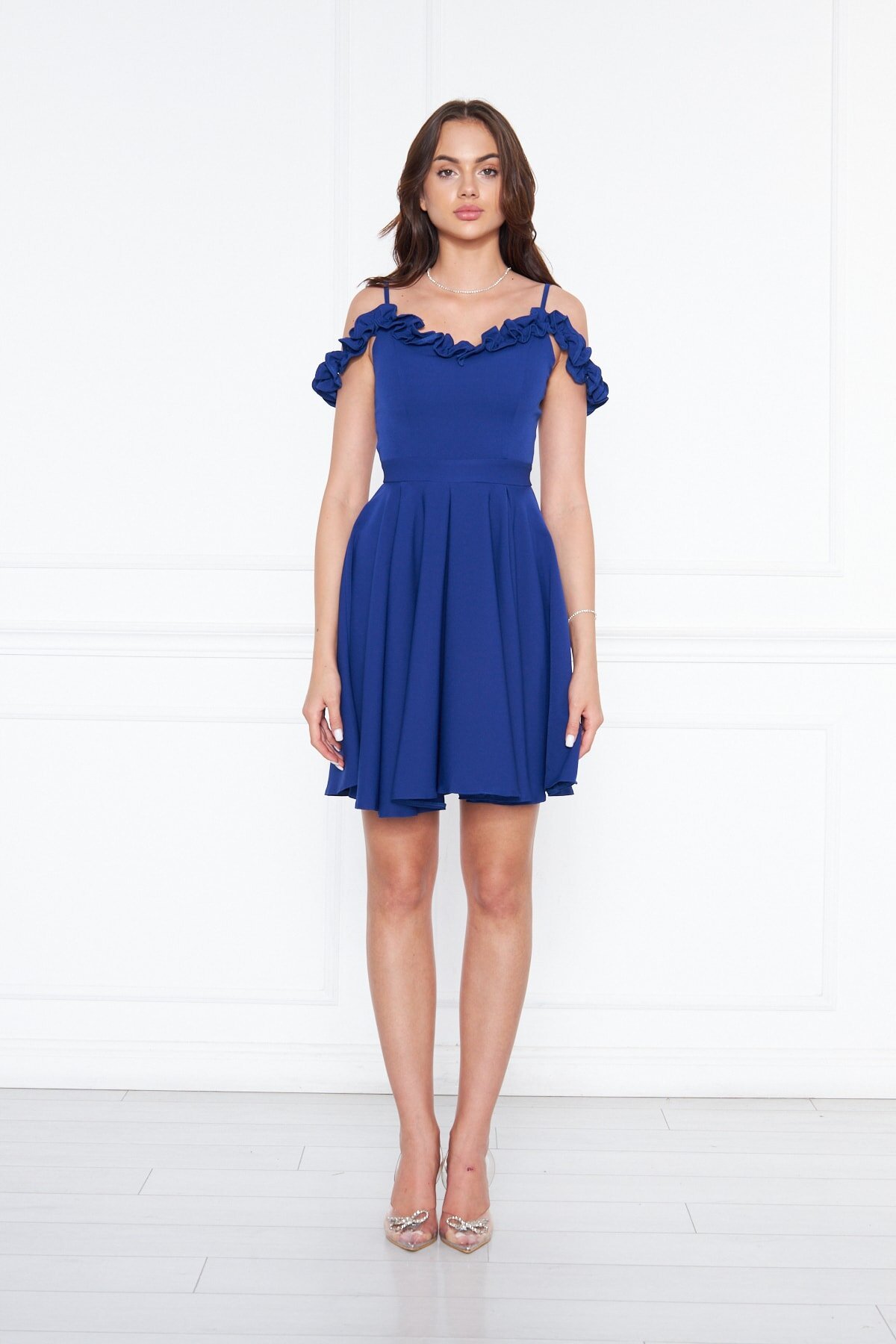 Mini Flared Pleated Woven Adjustable Strap Ruffle Neck Evening Dress - Sax Blue - Bidoluelbise