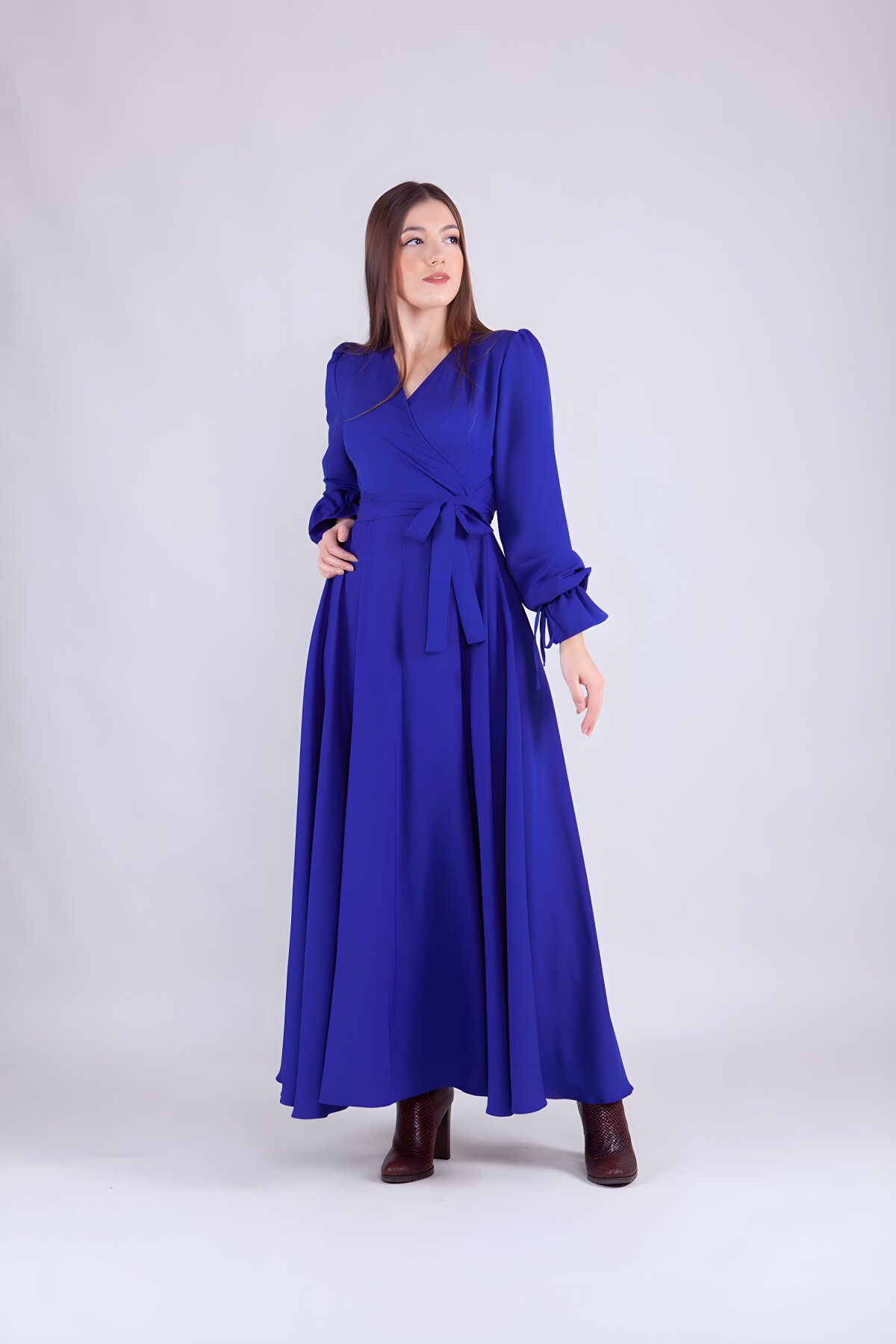 Sax Mavi Uzun Kol Kruvaze Yaka Elbise Sax Mavi Uzun Kol Kruvaze Yaka Elbise