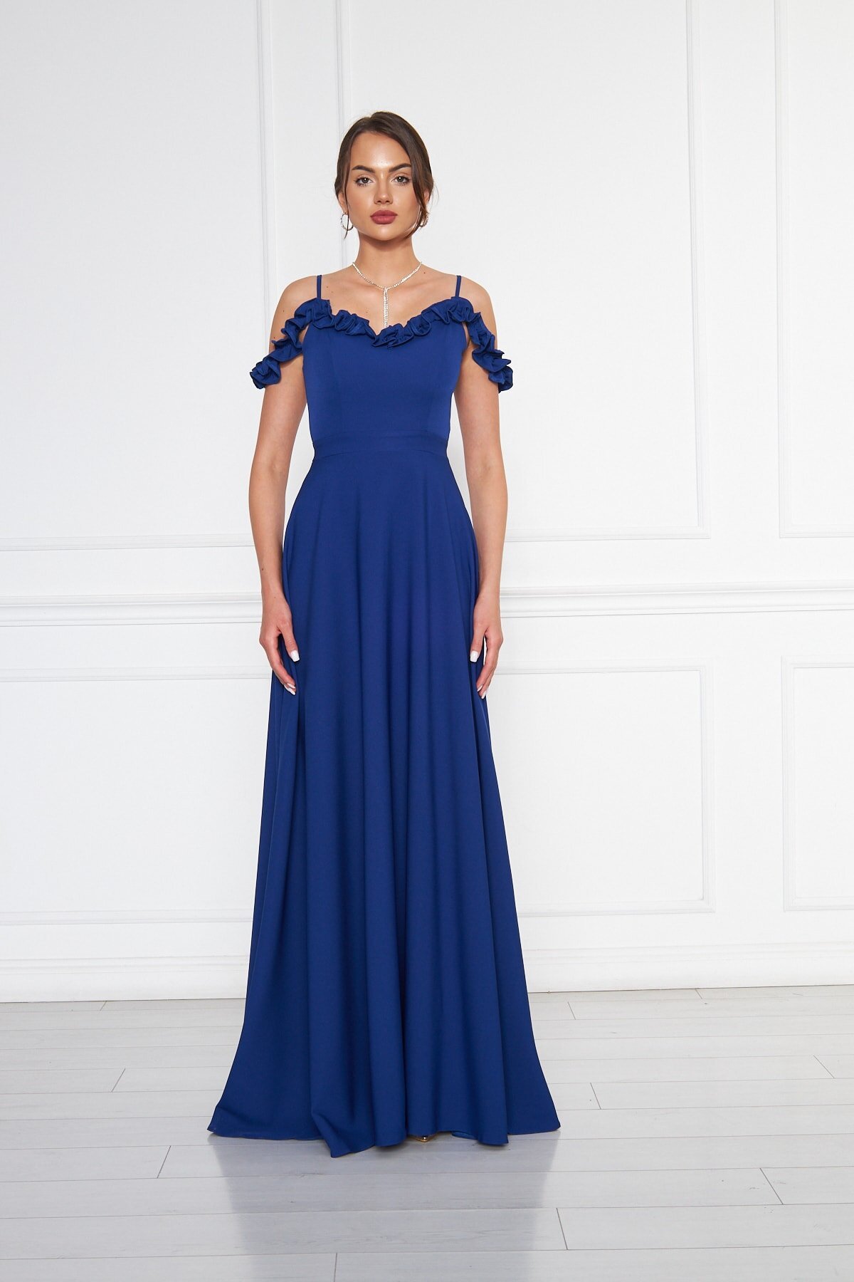 Long Strapless Flared Woven Adjustable-Strap Ruffle-Detail Evening Dress - Sax Blue - Bidoluelbise