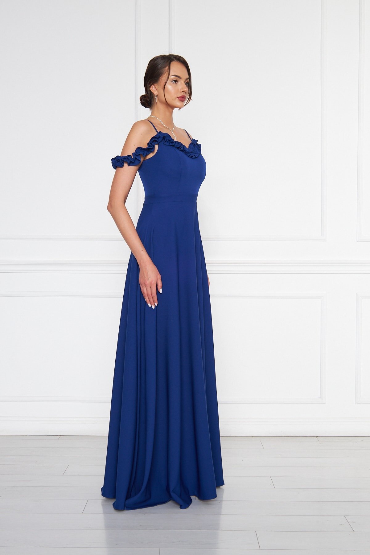 Long Strapless Flared Woven Adjustable-Strap Ruffle-Detail Evening Dress - Sax Blue - Bidoluelbise