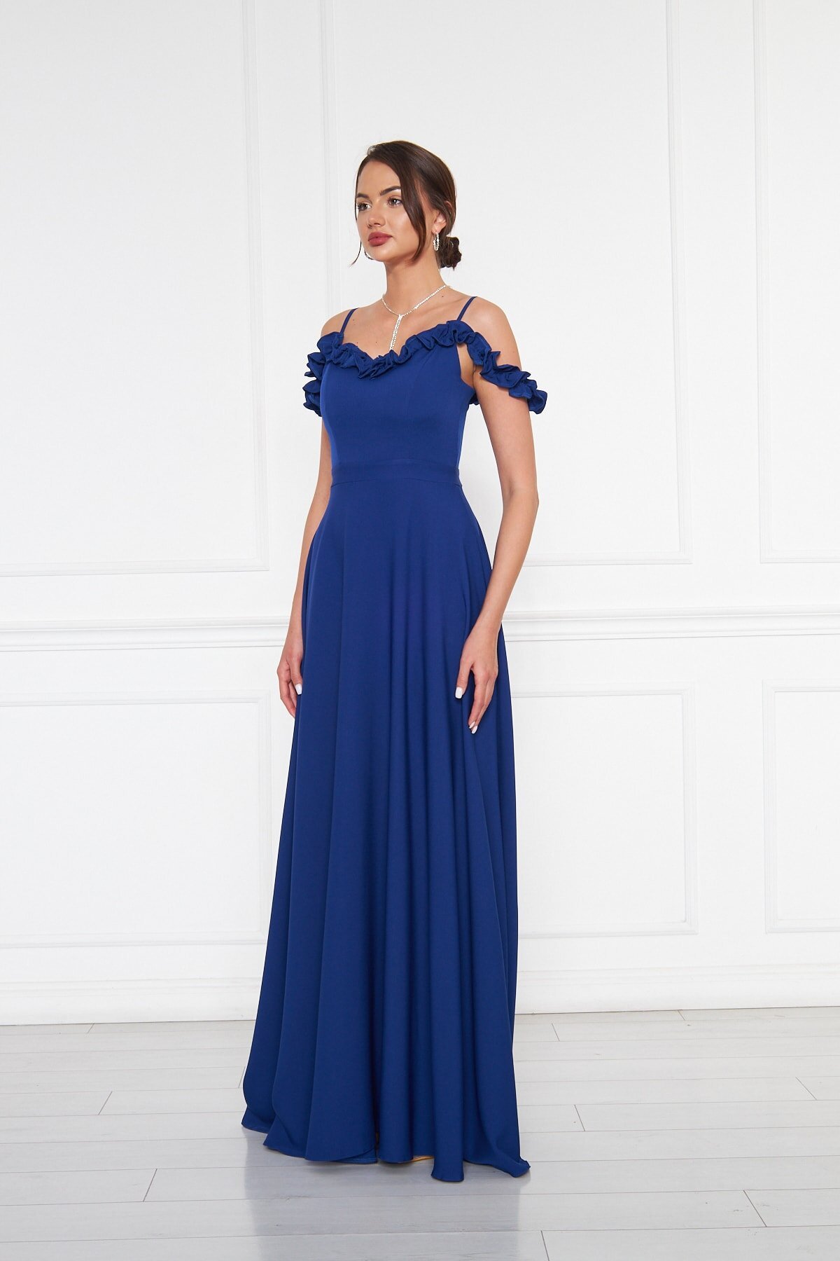 Long Strapless Flared Woven Adjustable-Strap Ruffle-Detail Evening Dress - Sax Blue - Bidoluelbise