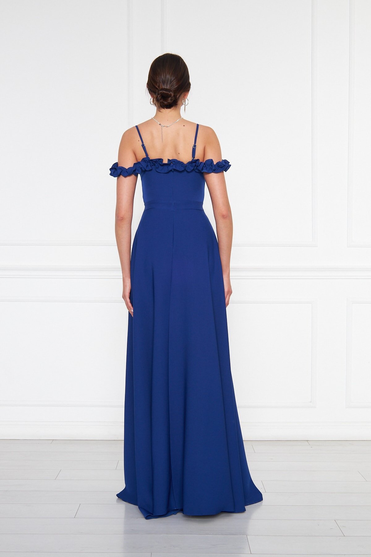 Long Strapless Flared Woven Adjustable-Strap Ruffle-Detail Evening Dress - Sax Blue - Bidoluelbise