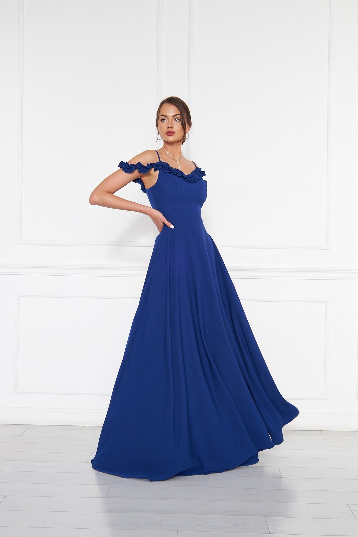 Long Strapless Flared Woven Adjustable-Strap Ruffle-Detail Evening Dress - Sax Blue - Bidoluelbise