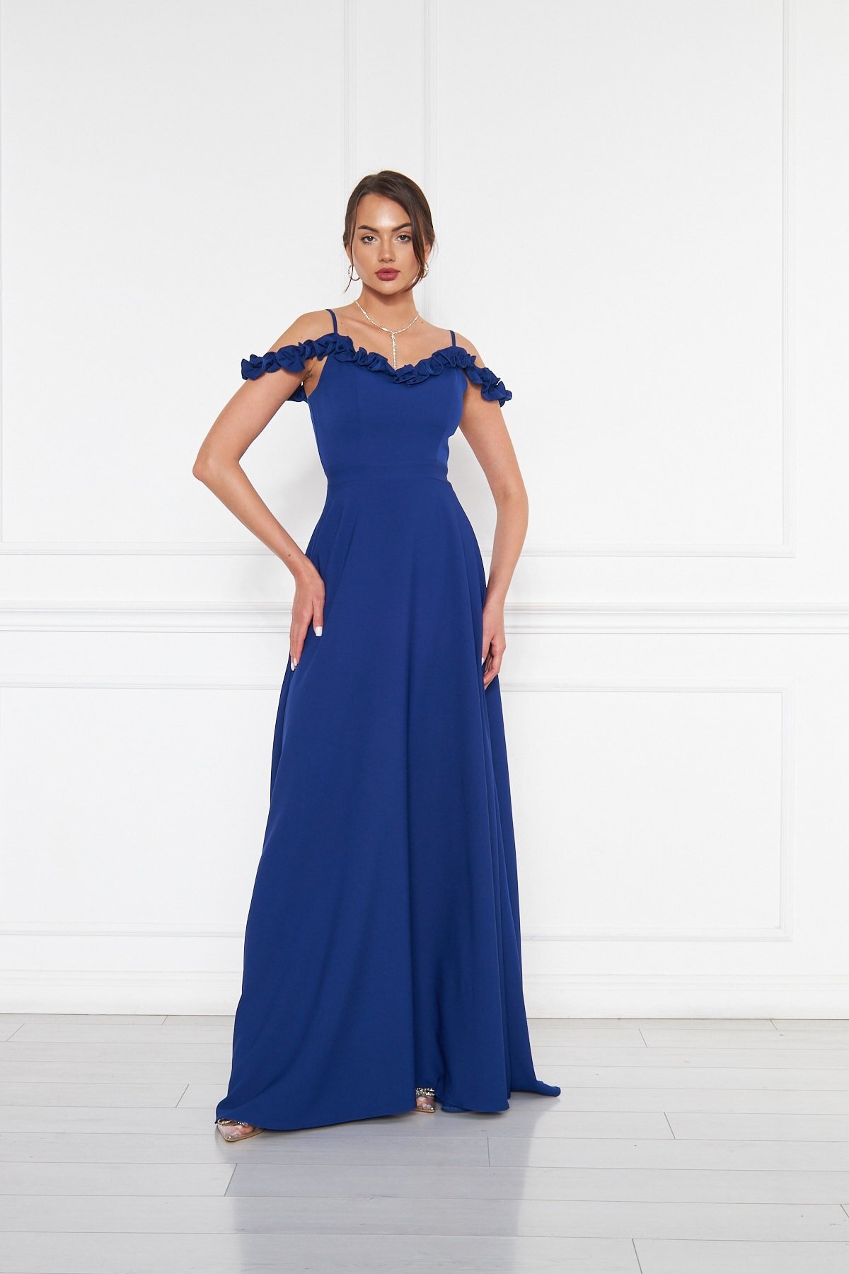 Long Strapless Flared Woven Adjustable-Strap Ruffle-Detail Evening Dress - Sax Blue - Bidoluelbise