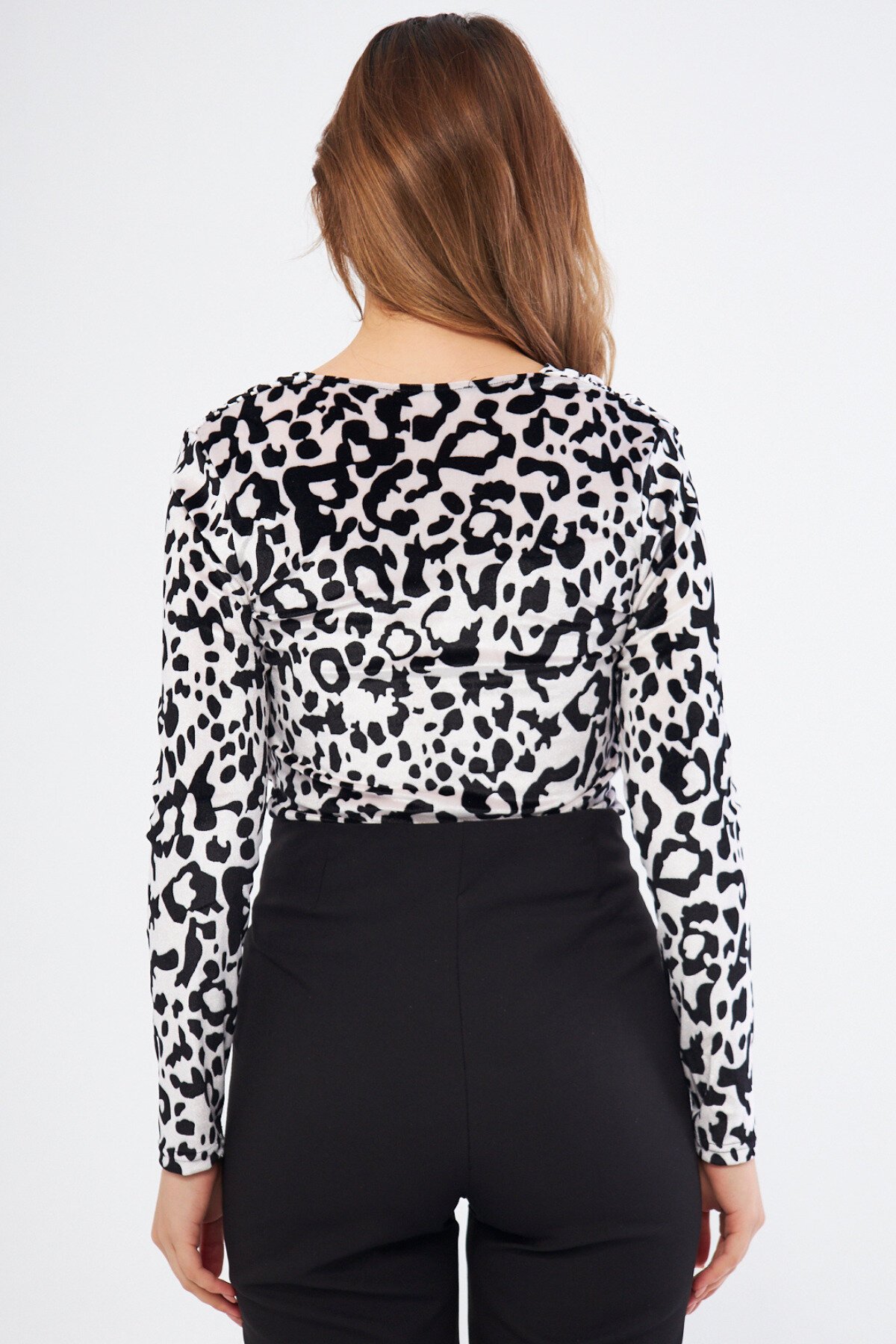 Long Sleeve Black White Velvet Ruched Detail Bodysuit - Black White - Bidoluelbise