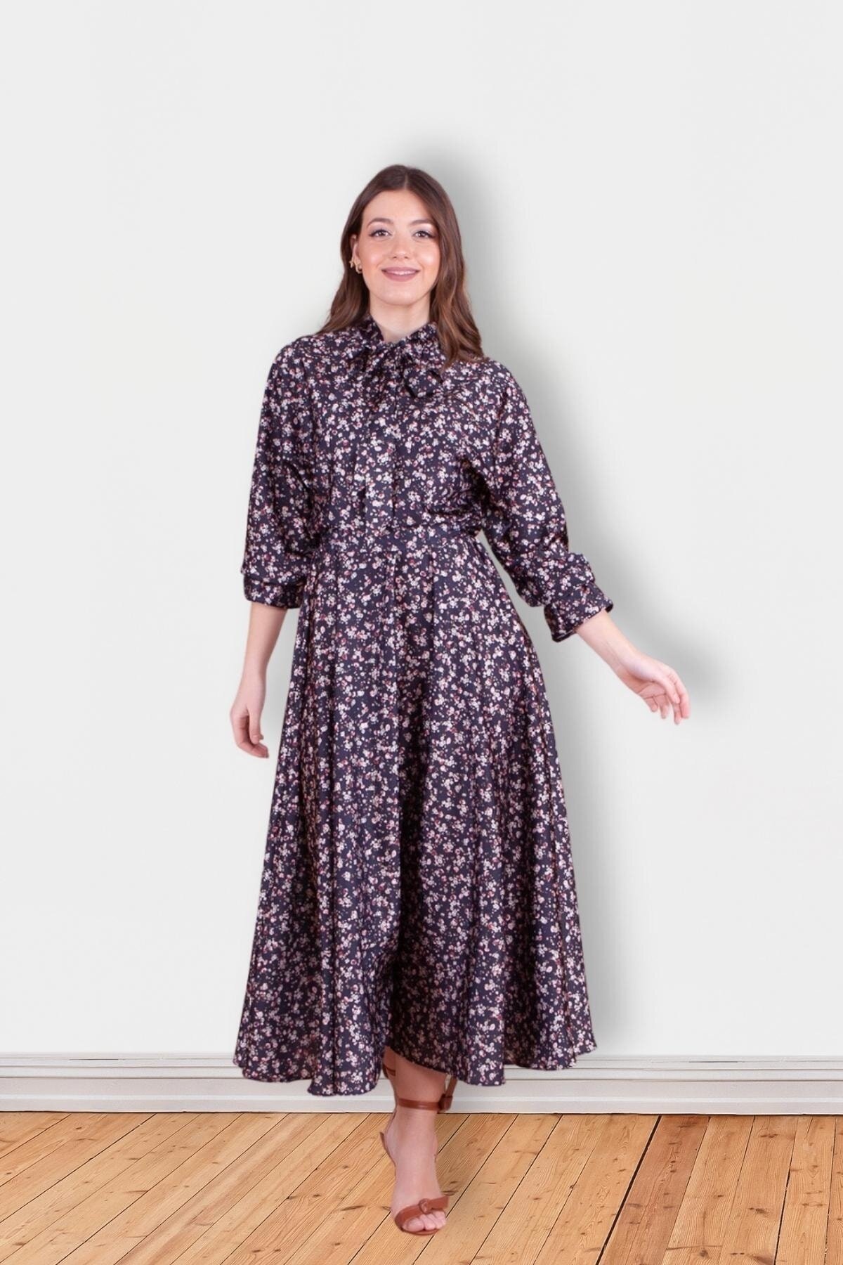 Modest Floral Patterned Satin Batwing Sleeve Evening Dress - Black - Bidoluelbise