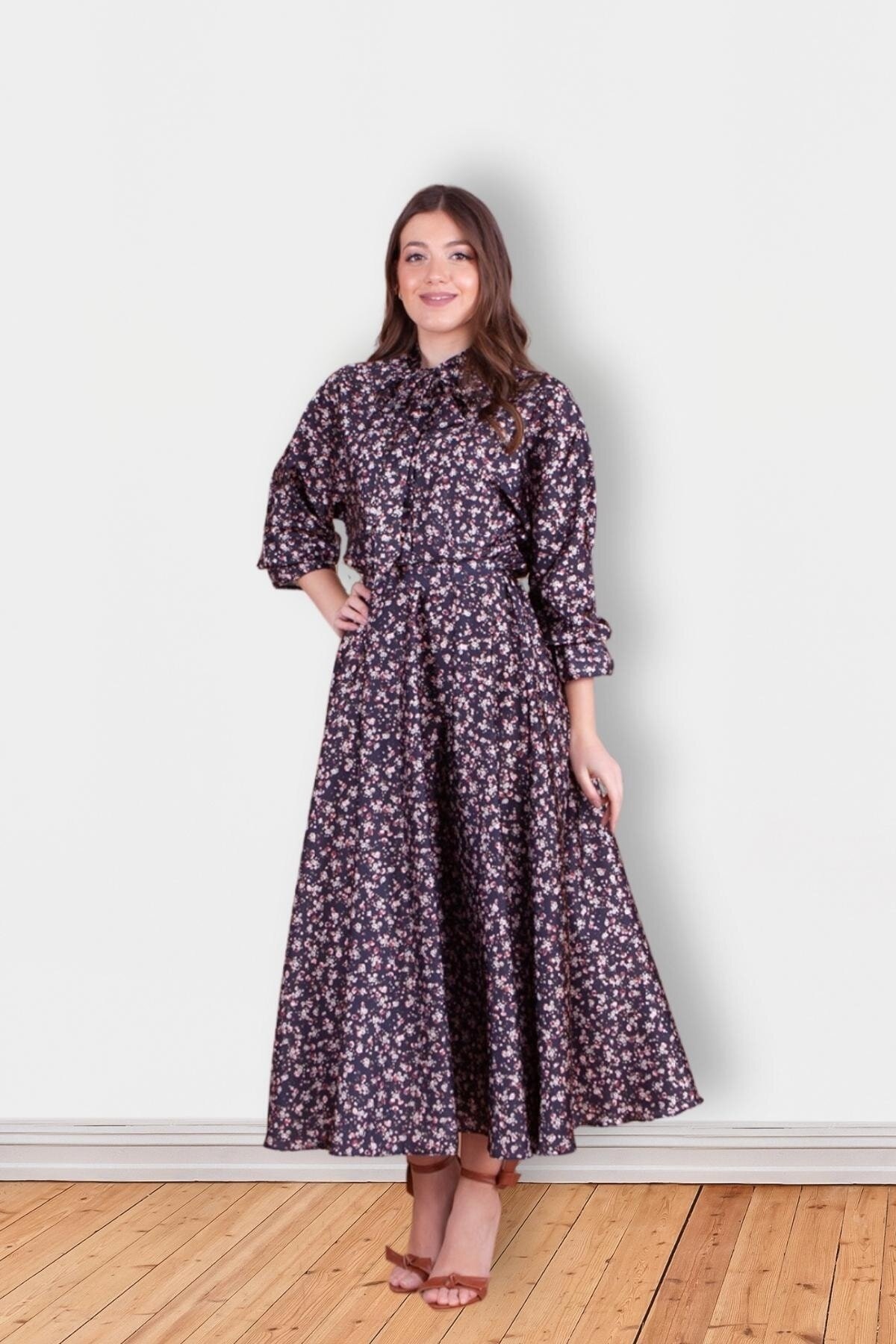 Modest Floral Patterned Satin Batwing Sleeve Evening Dress - Black - Bidoluelbise