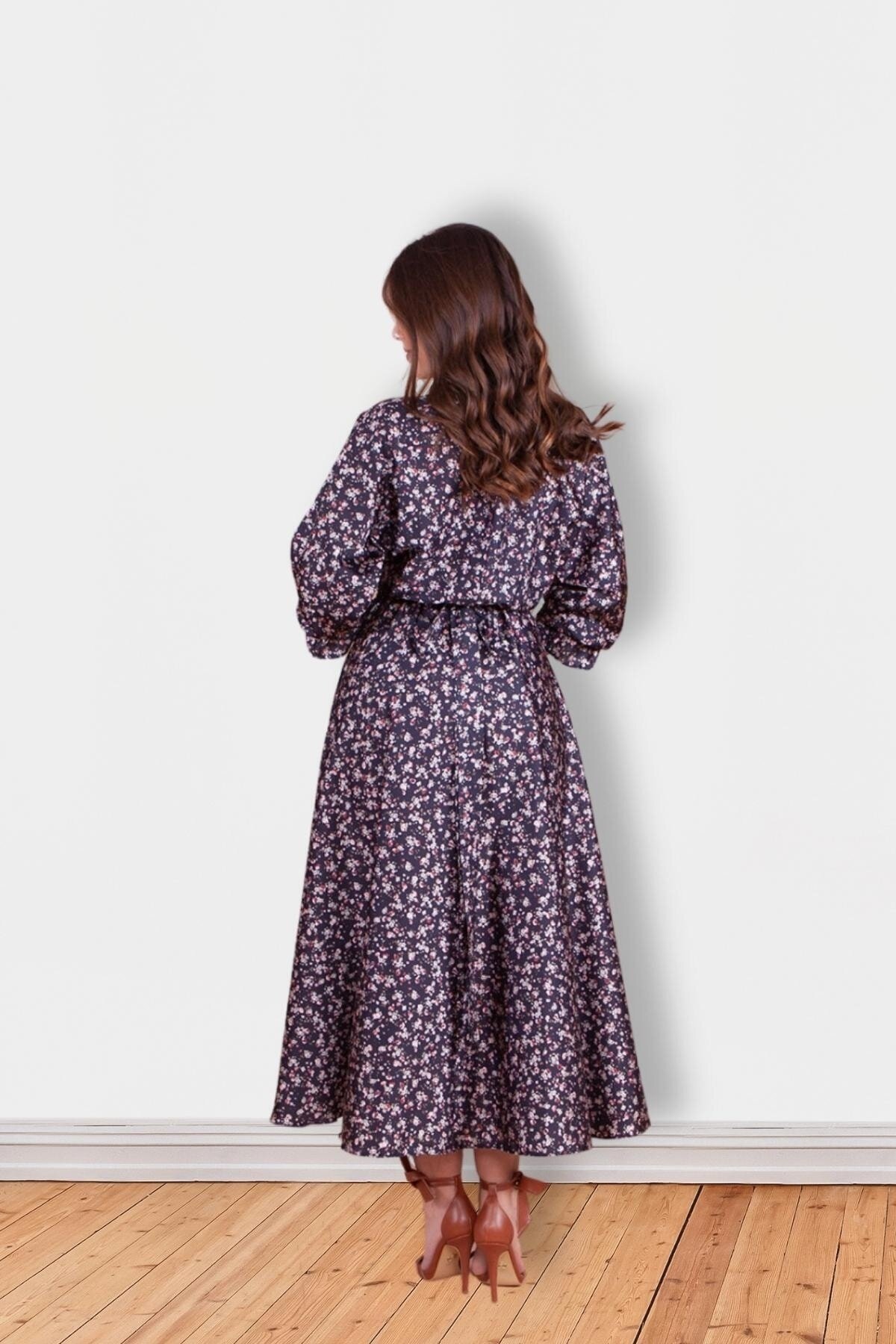 Modest Floral Patterned Satin Batwing Sleeve Evening Dress - Black - Bidoluelbise