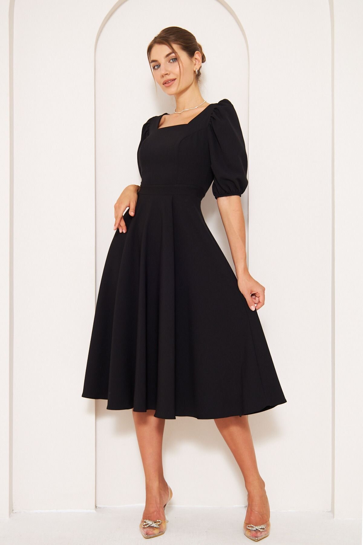 Midi Drapey Woven Balloon Sleeve Square Neck Dress - Black - Bidoluelbise