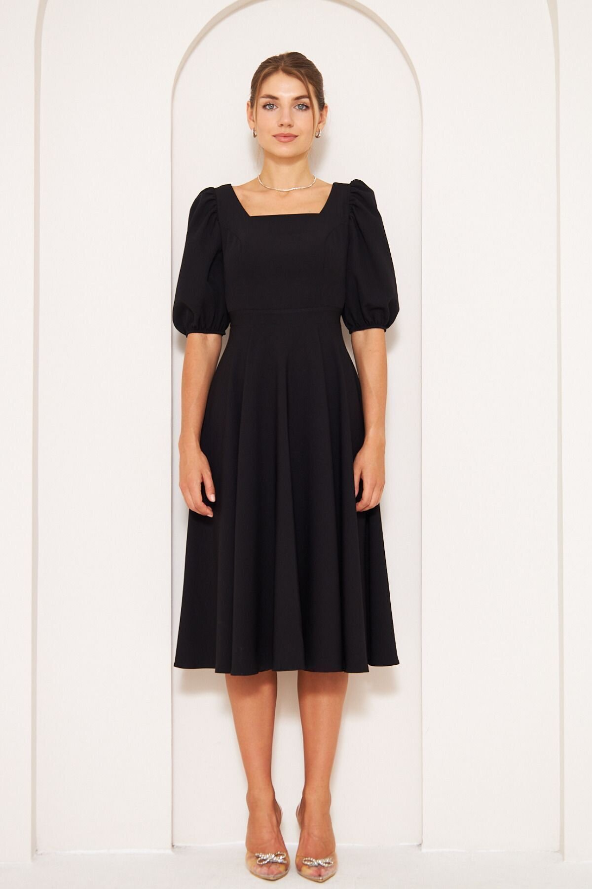 Midi Drapey Woven Balloon Sleeve Square Neck Dress - Black - Bidoluelbise