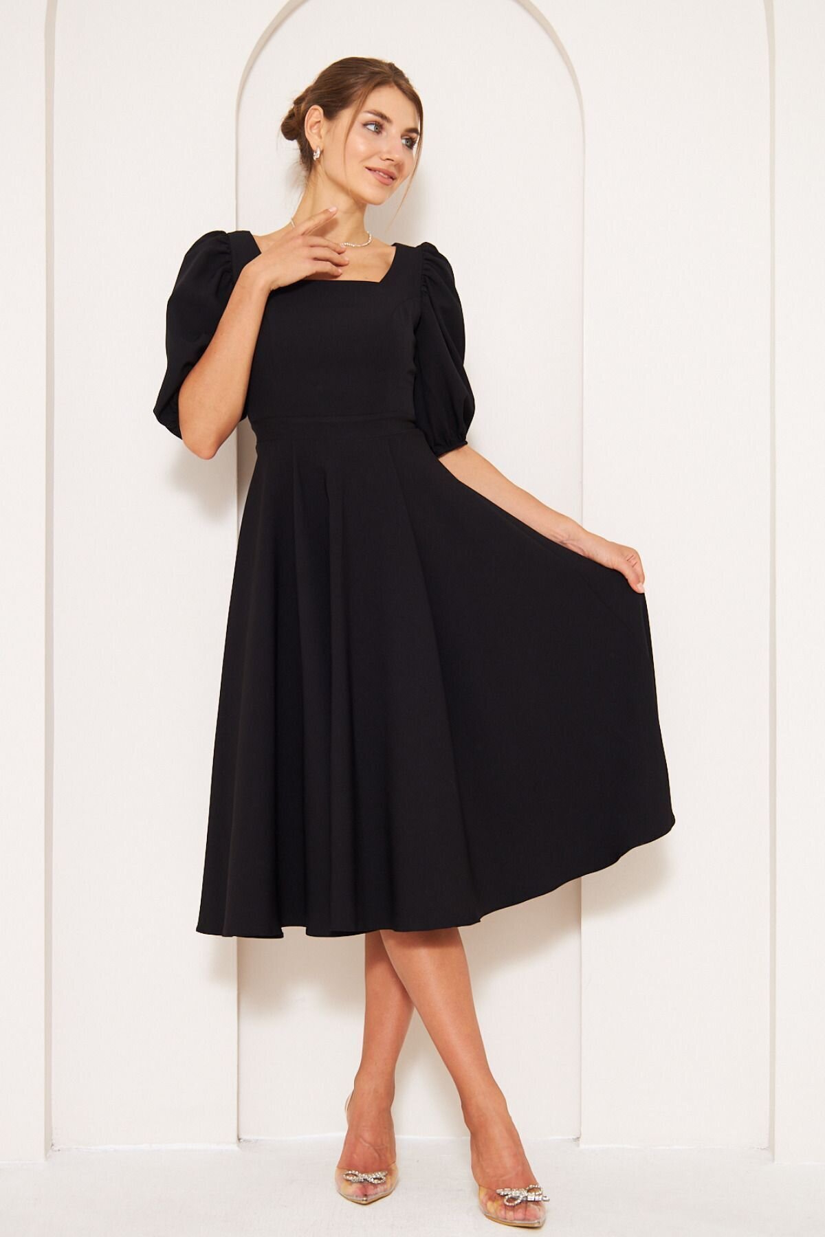 Midi Drapey Woven Balloon Sleeve Square Neck Dress - Black - Bidoluelbise
