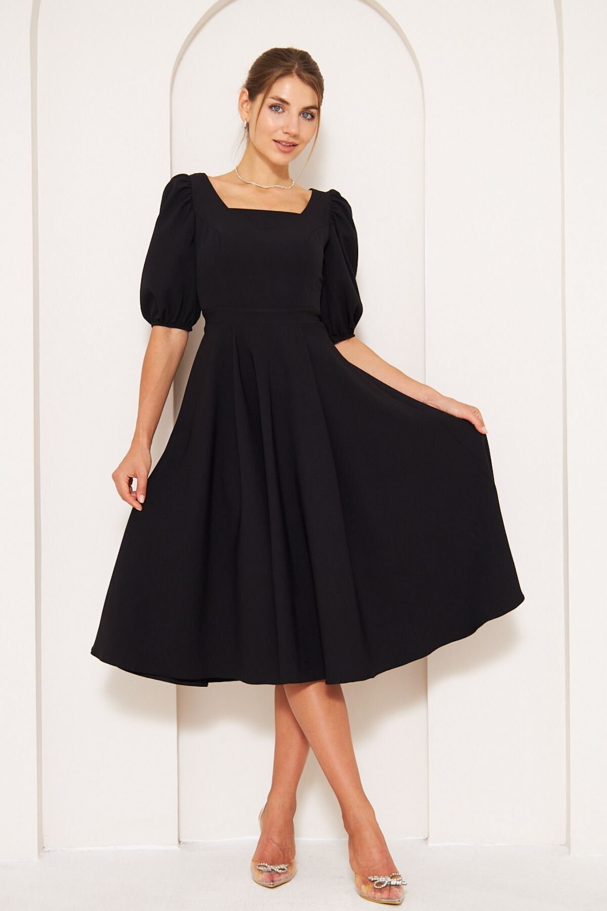 Midi Drapey Woven Balloon Sleeve Square Neck Dress - Black - Bidoluelbise