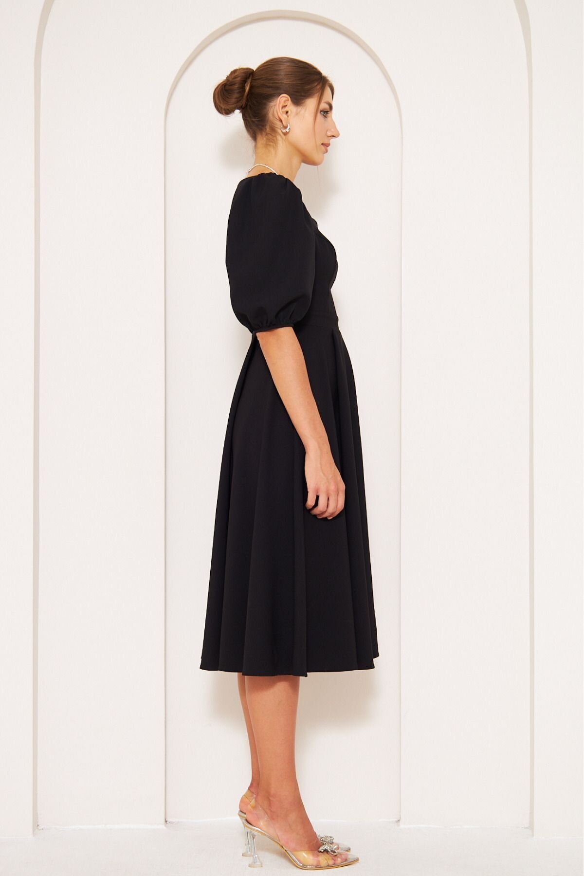 Midi Drapey Woven Balloon Sleeve Square Neck Dress - Black - Bidoluelbise