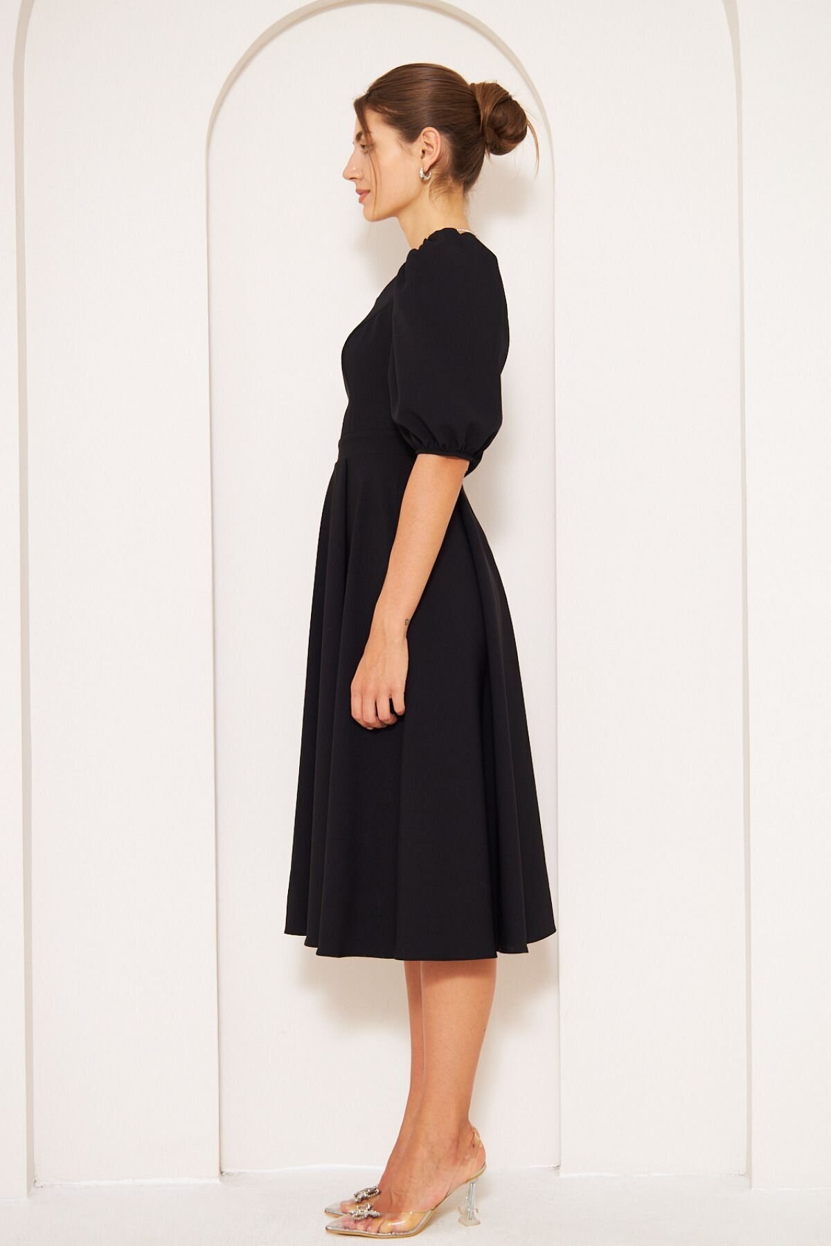 Midi Drapey Woven Balloon Sleeve Square Neck Dress - Black - Bidoluelbise